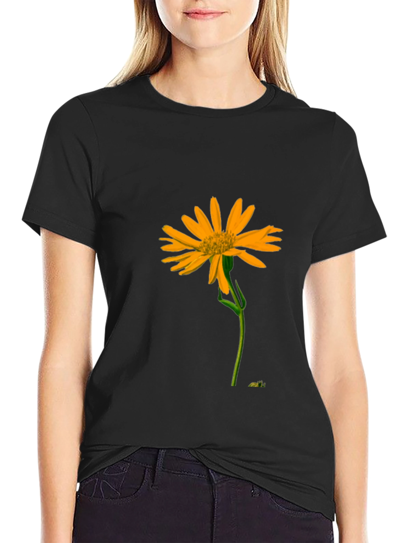 Black T-Shirt with Vibrant Yellow Flower Graphic