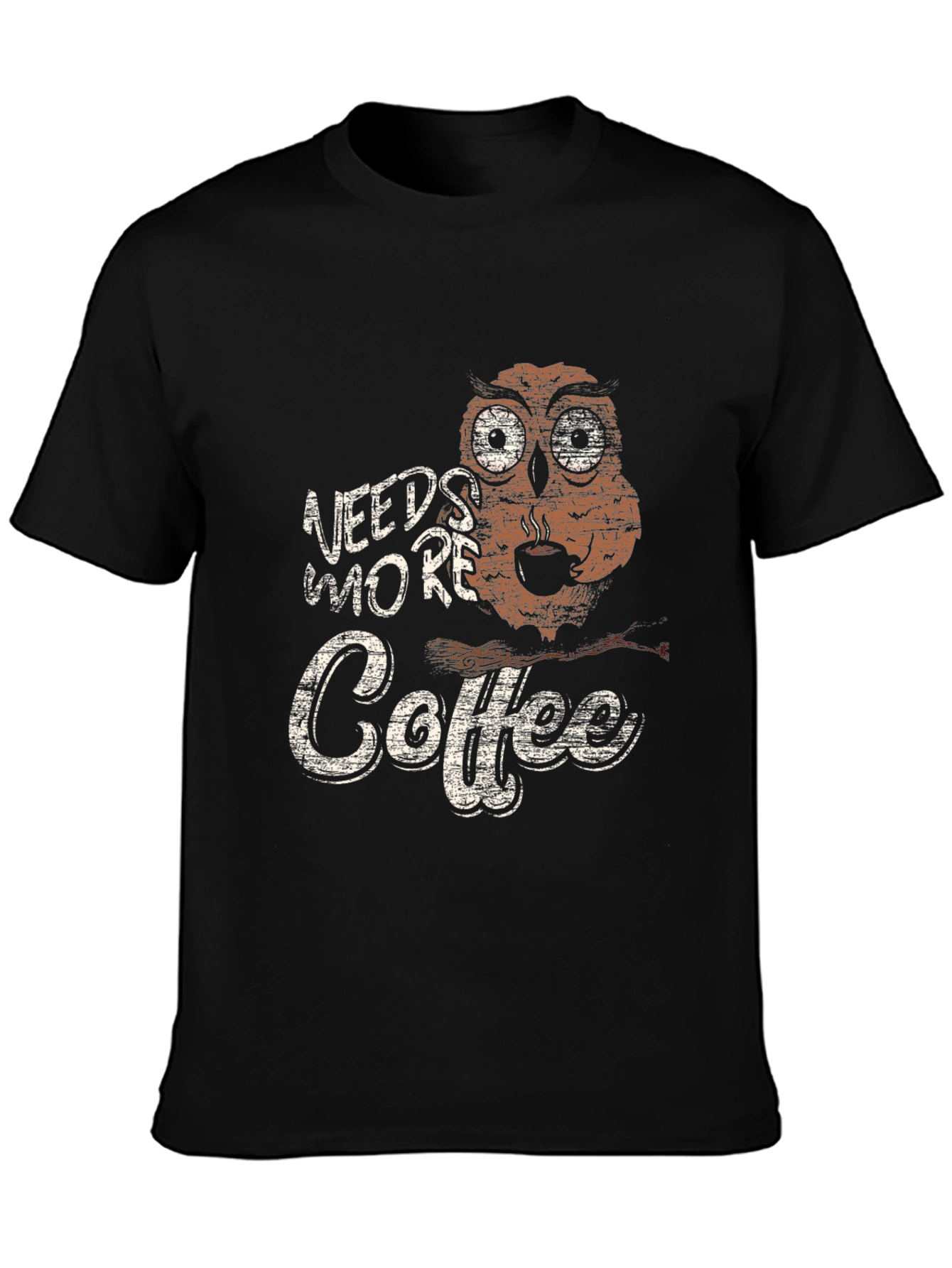 Needs More Coffee Owl Graphic Tee - Black
