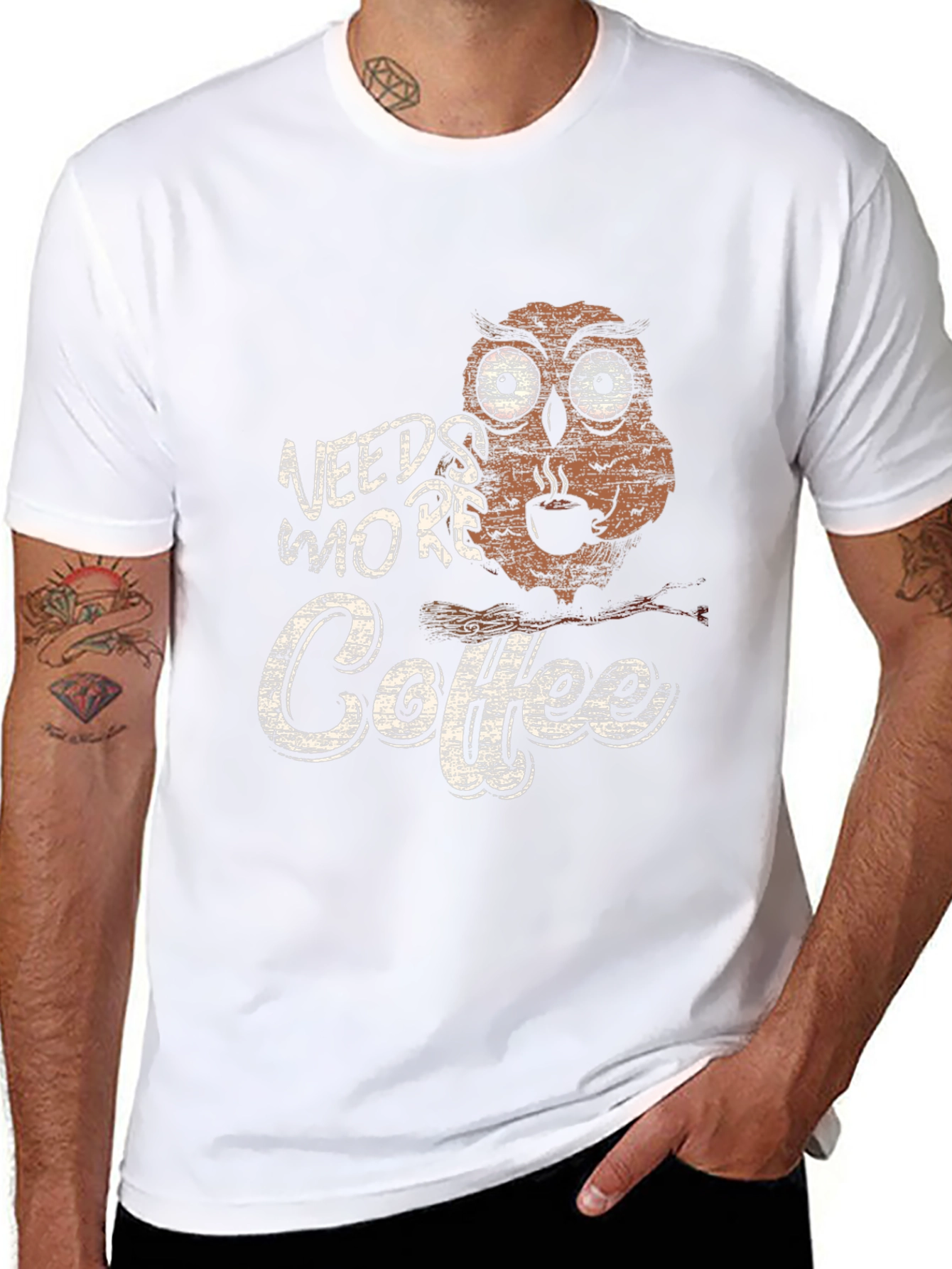 Needs More Coffee Owl Graphic Tee - Black