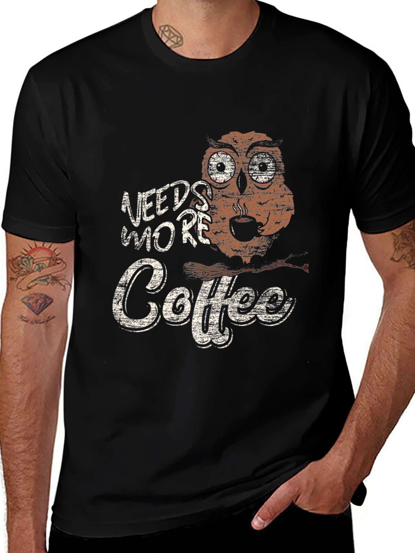 Needs More Coffee Owl Graphic Tee - Black
