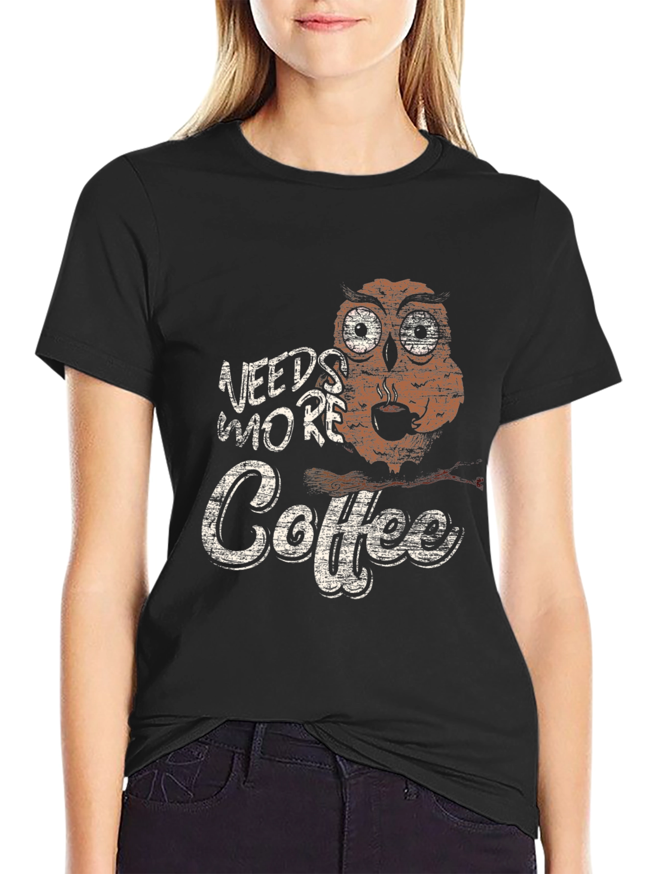 Needs More Coffee Owl Graphic Tee - Black