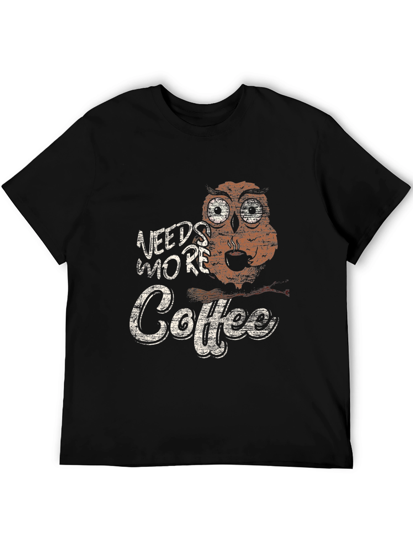 Needs More Coffee Owl Graphic Tee - Black
