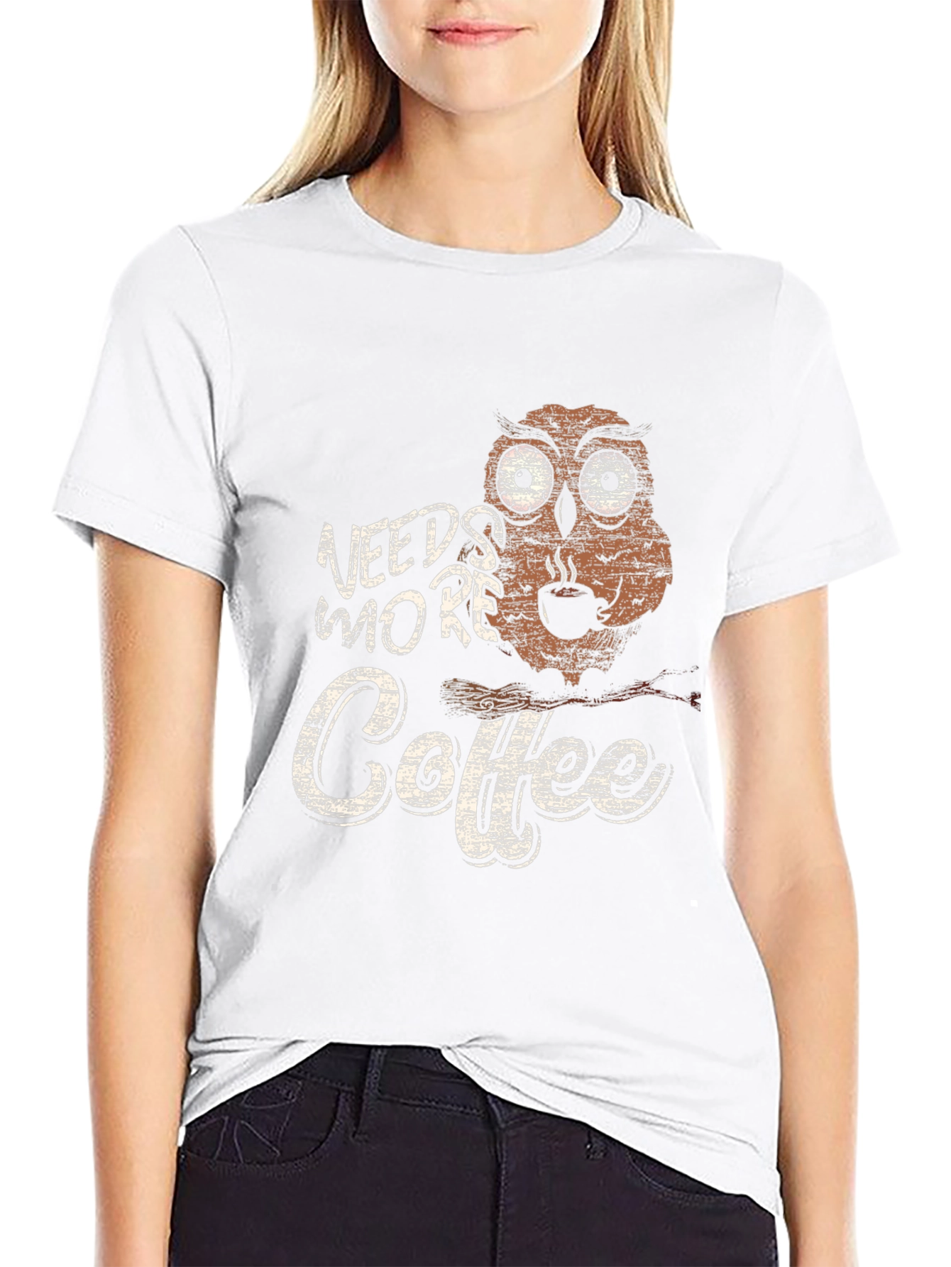 Needs More Coffee Owl Graphic Tee - Black