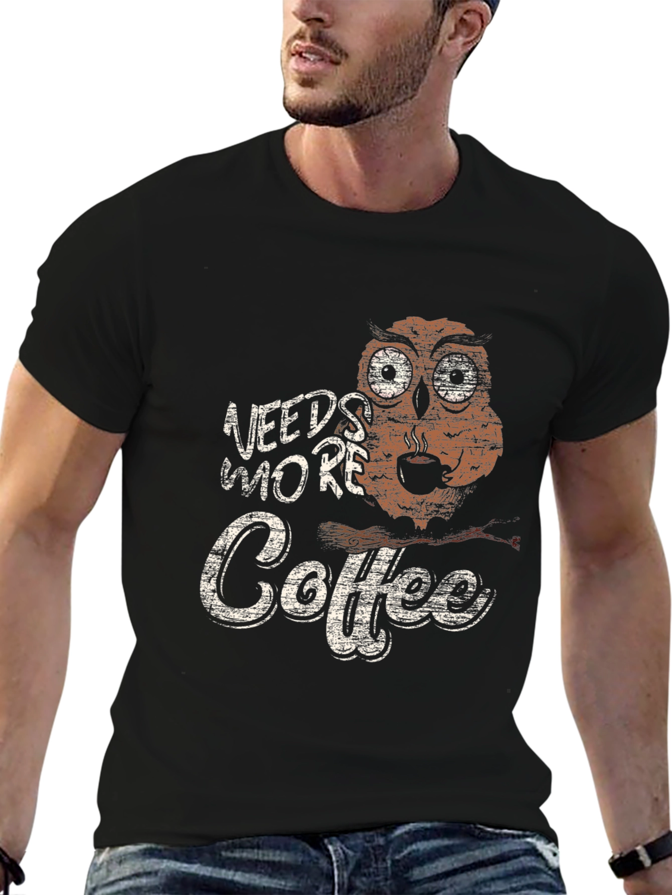 Needs More Coffee Owl Graphic Tee - Black