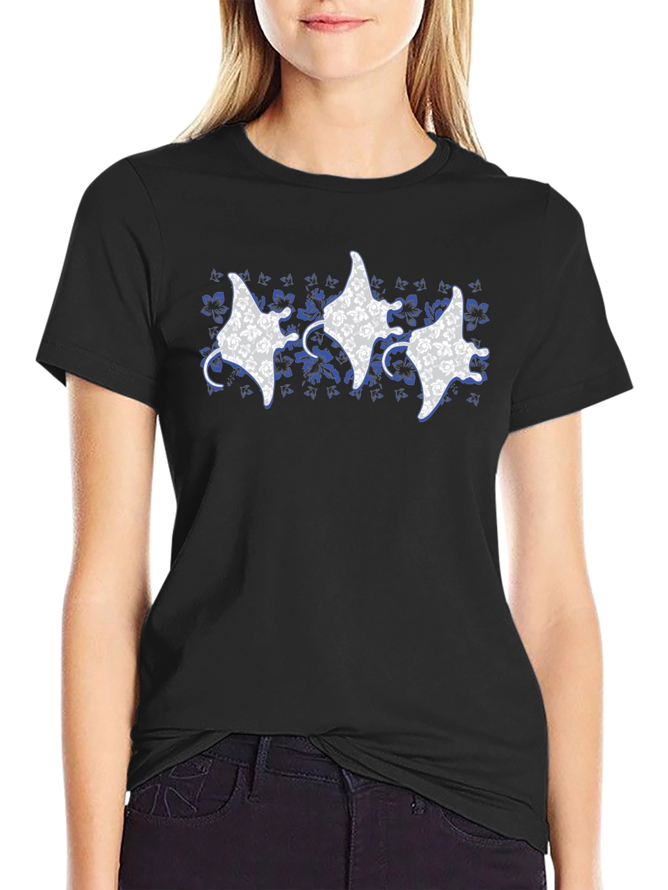 Floral Manta Ray Print Crew Neck T-Shirt