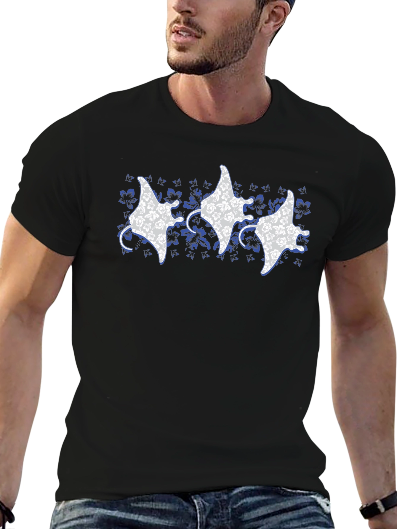 Floral Manta Ray Print Crew Neck T-Shirt