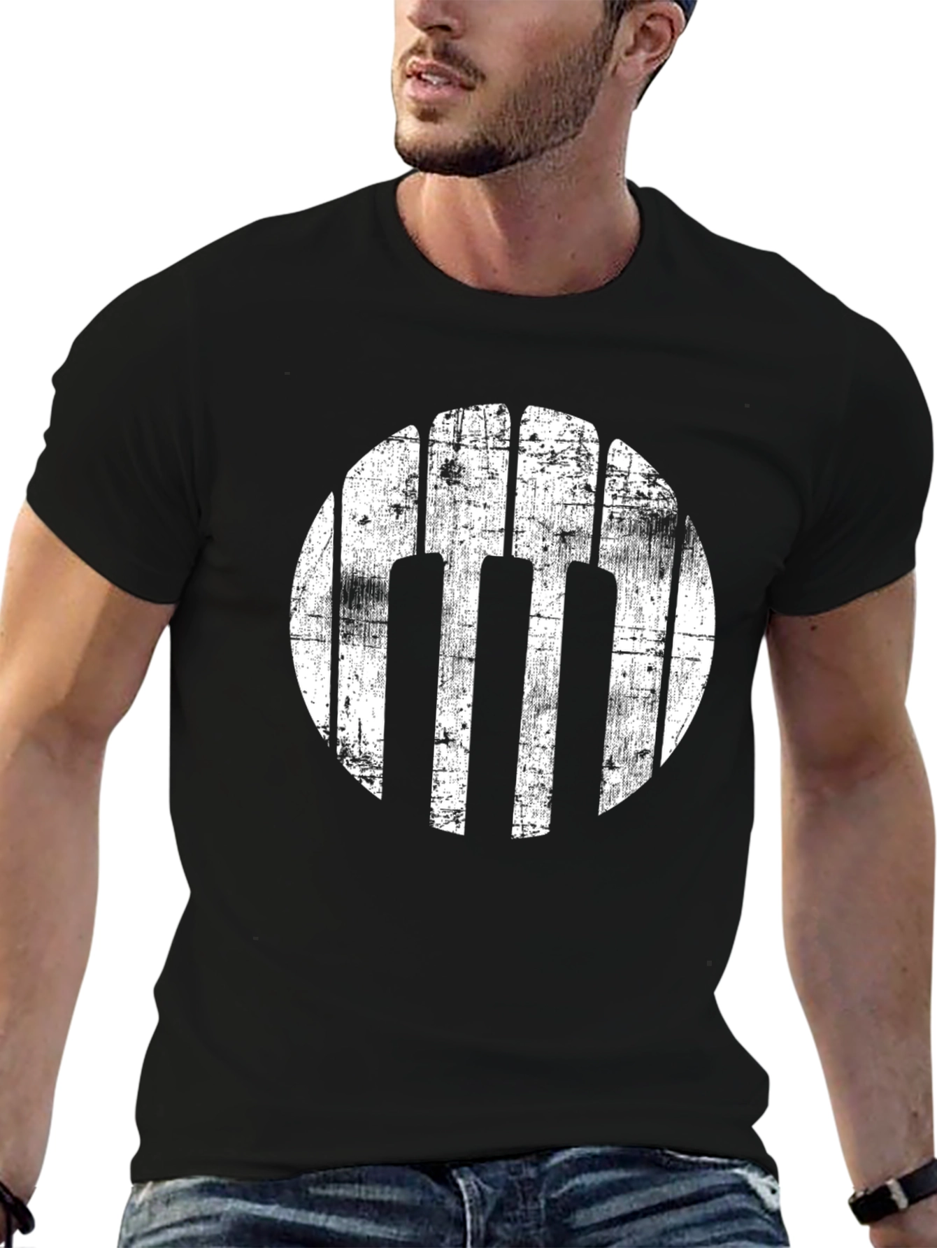Grunge Piano Keys Circle Black T-Shirt
