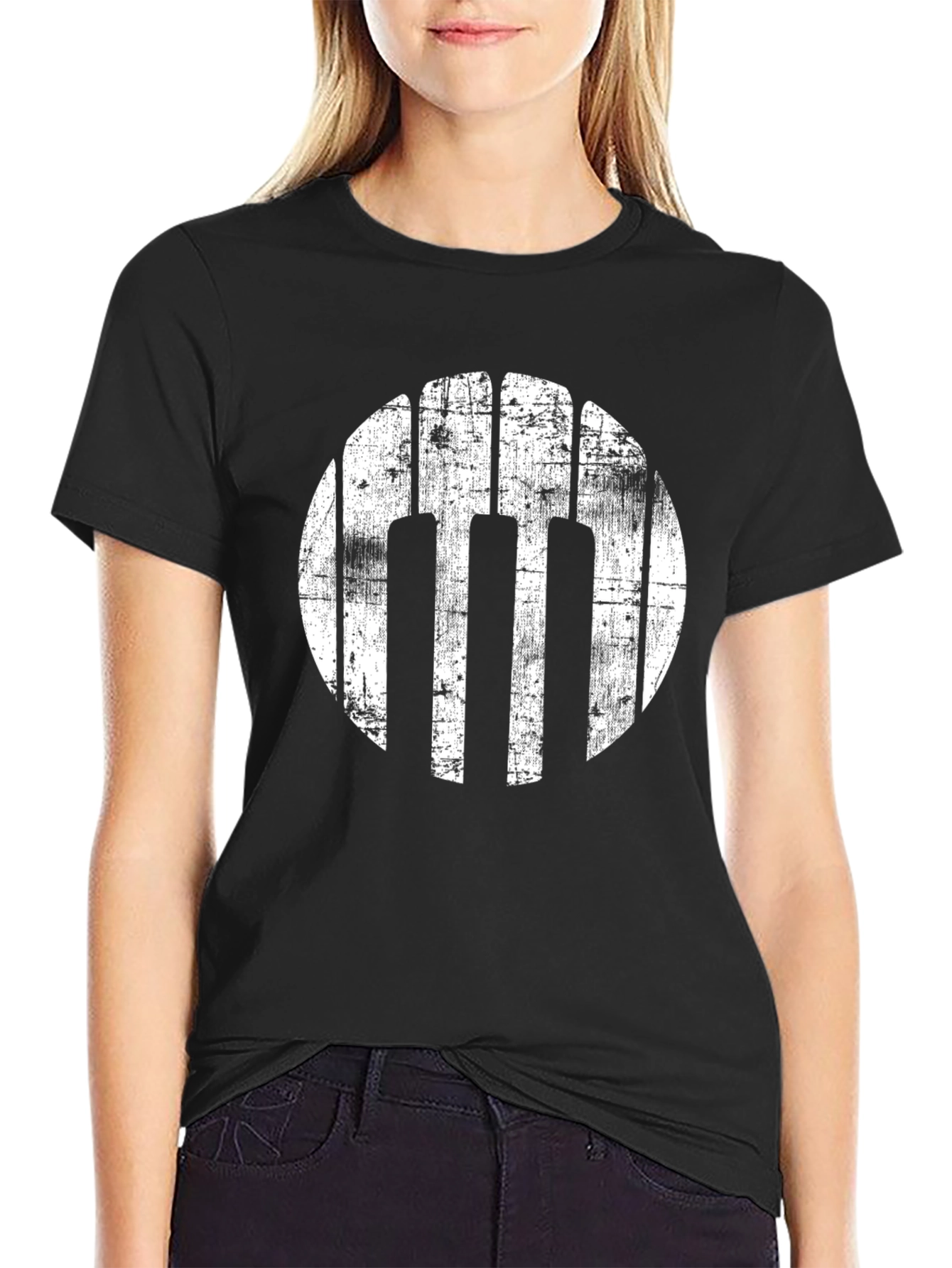 Grunge Piano Keys Circle Black T-Shirt