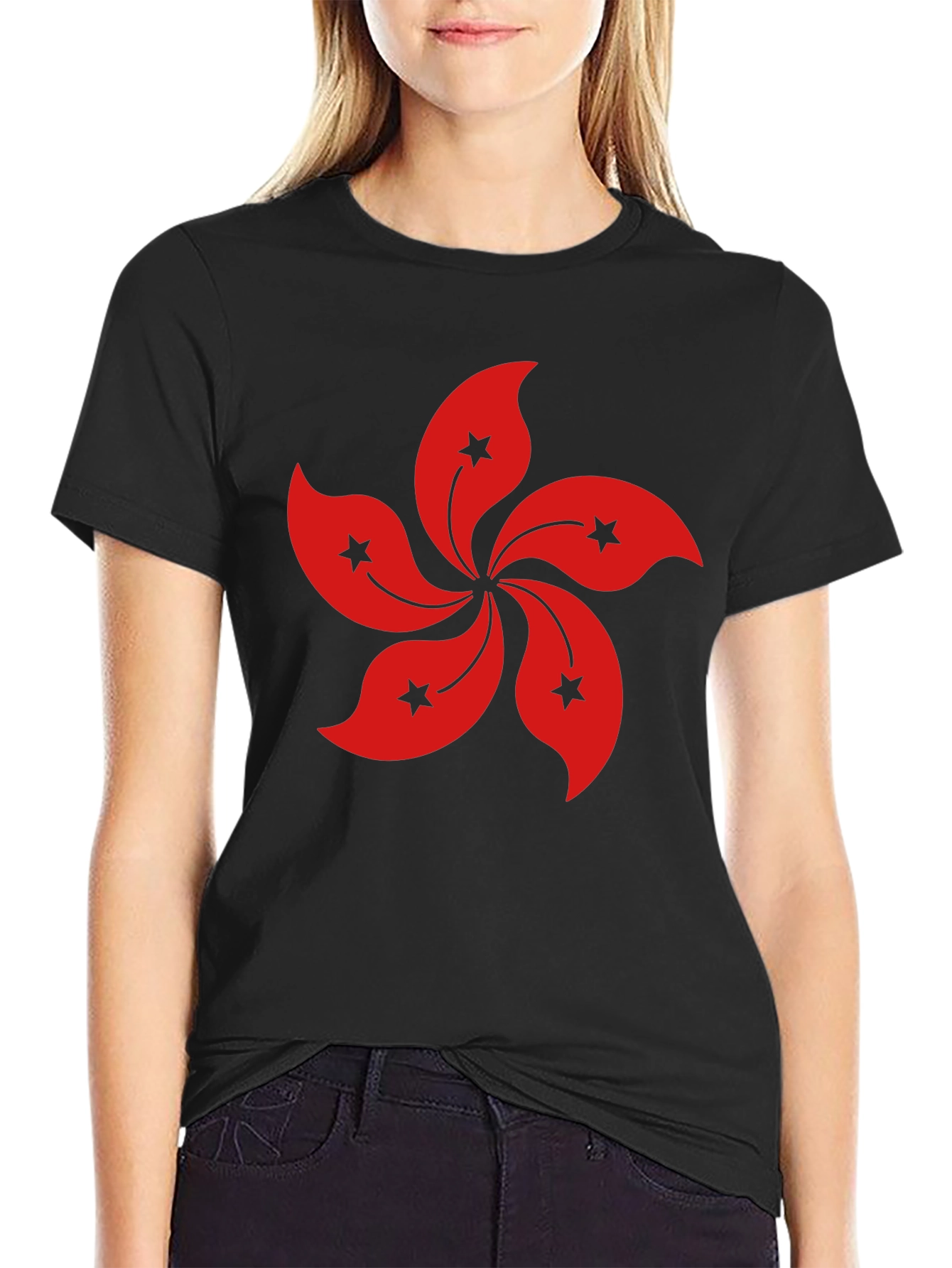 Hong Kong Flower T-Shirt - Black Cotton Blend