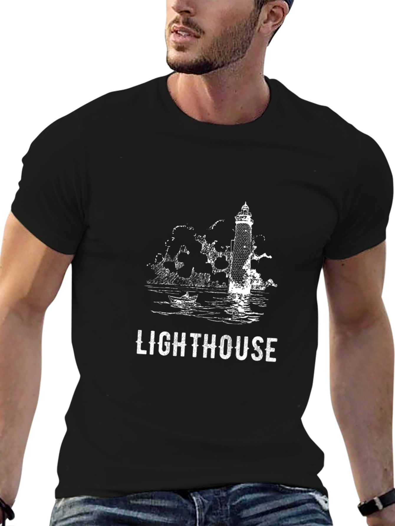 Lighthouse Graphic Tee - Mens Black Cotton T-Shirt