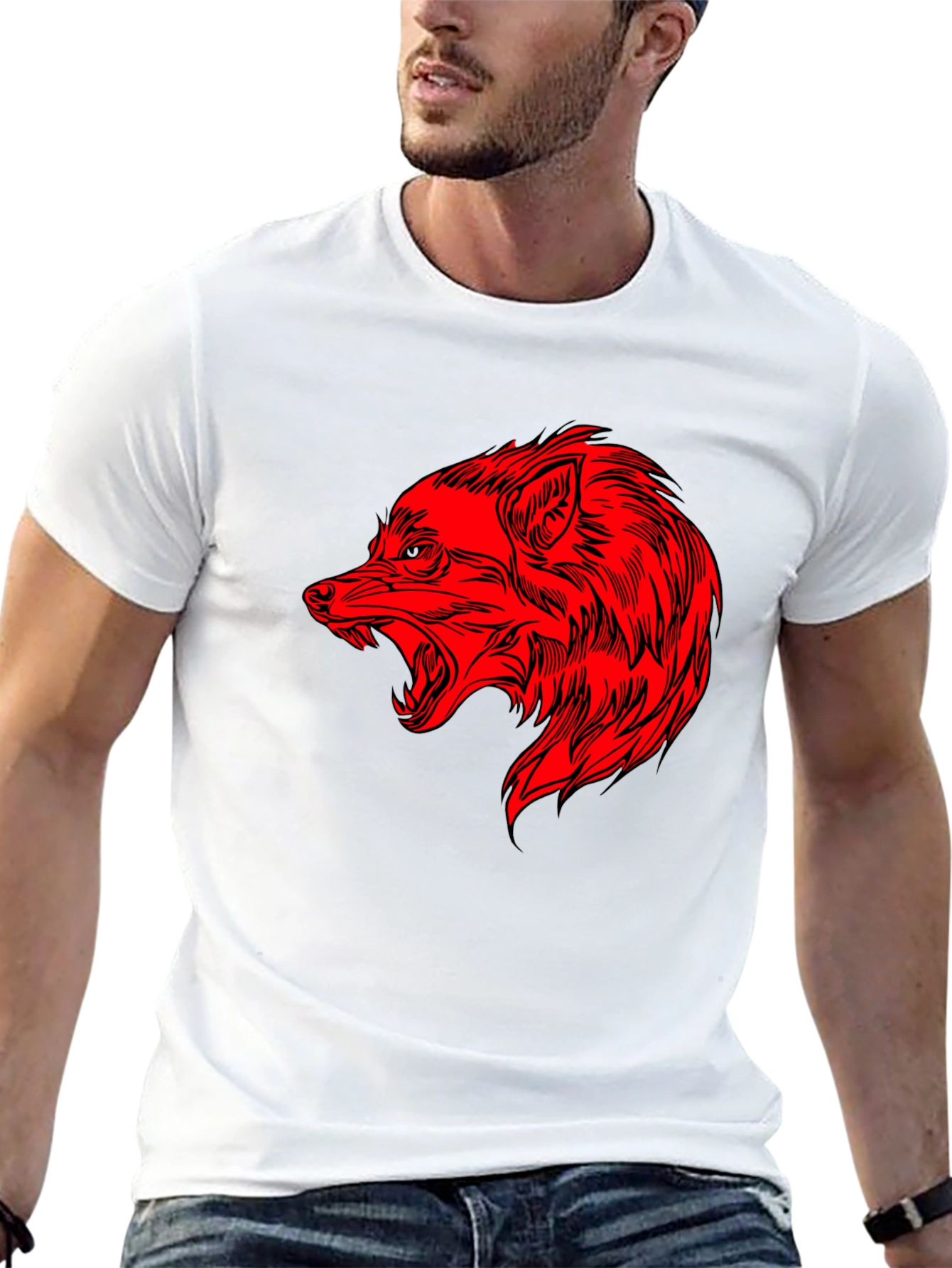 Mens Black T-Shirt with Red Wolf Graphic