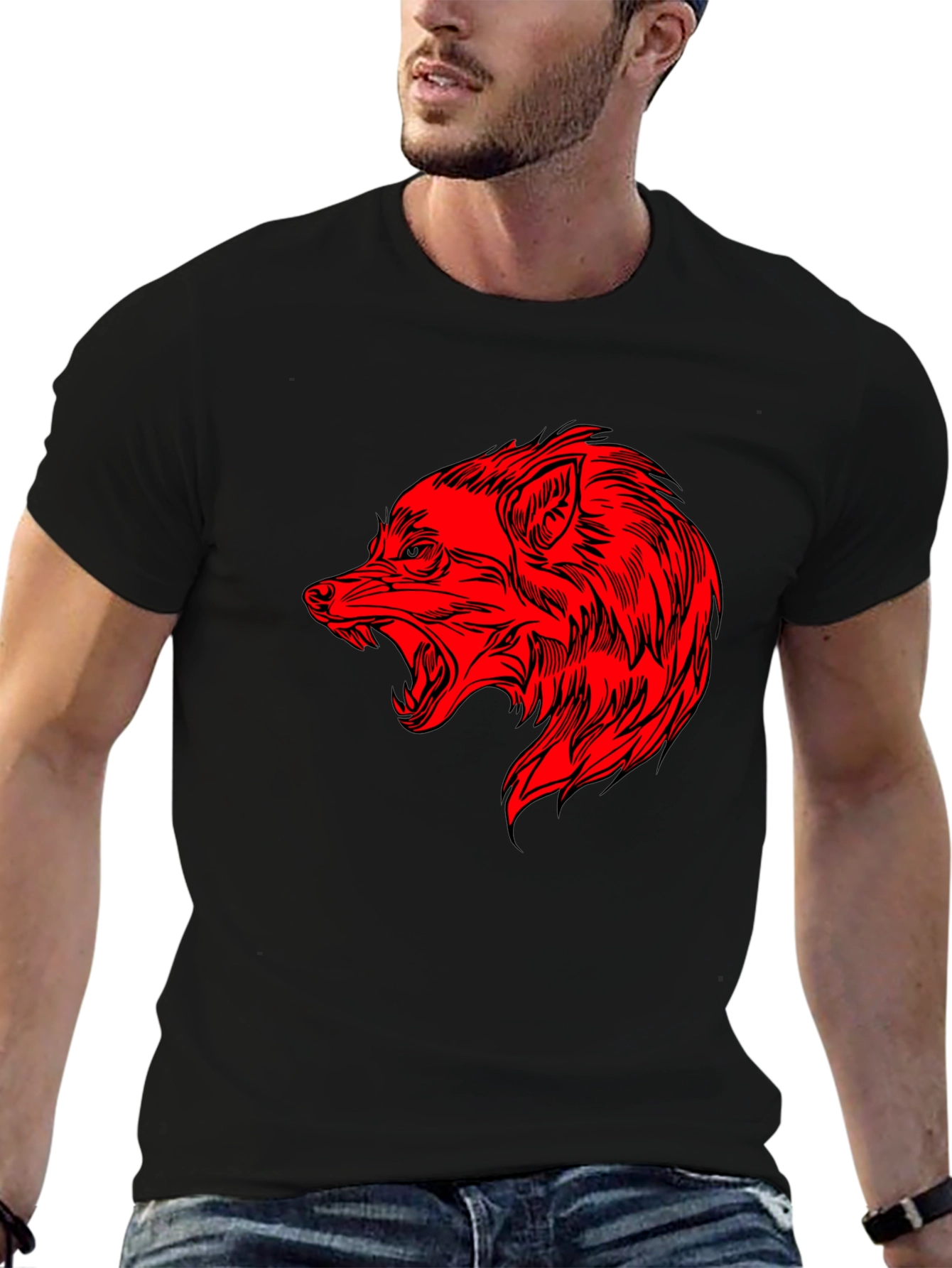 Mens Black T-Shirt with Red Wolf Graphic