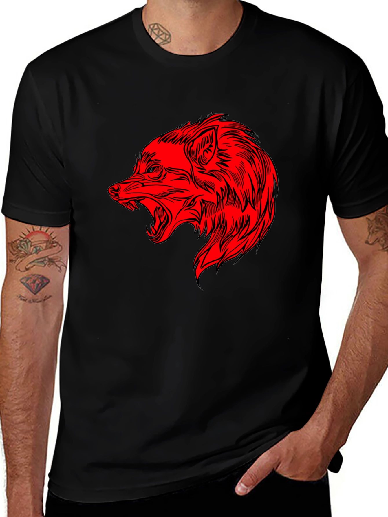 Mens Black T-Shirt with Red Wolf Graphic