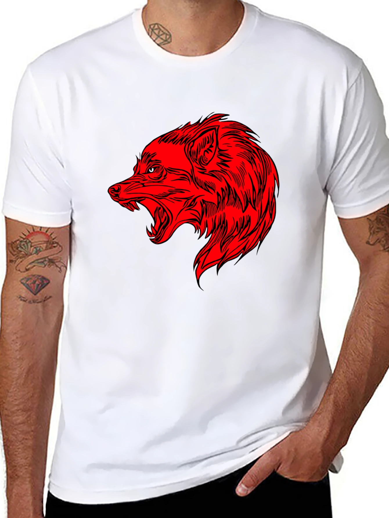 Mens Black T-Shirt with Red Wolf Graphic