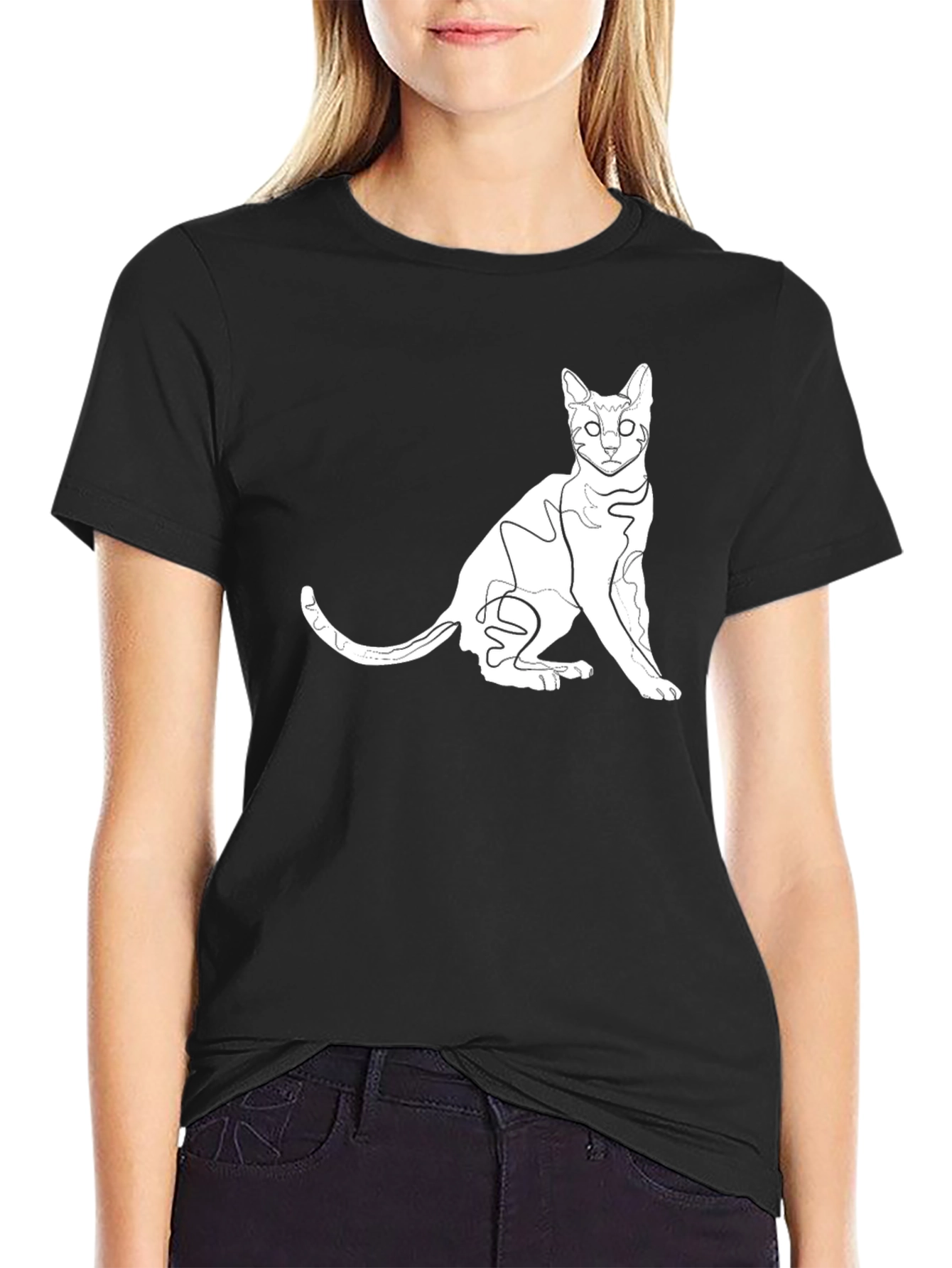 Stylish Black Cat Outline Graphic Tee