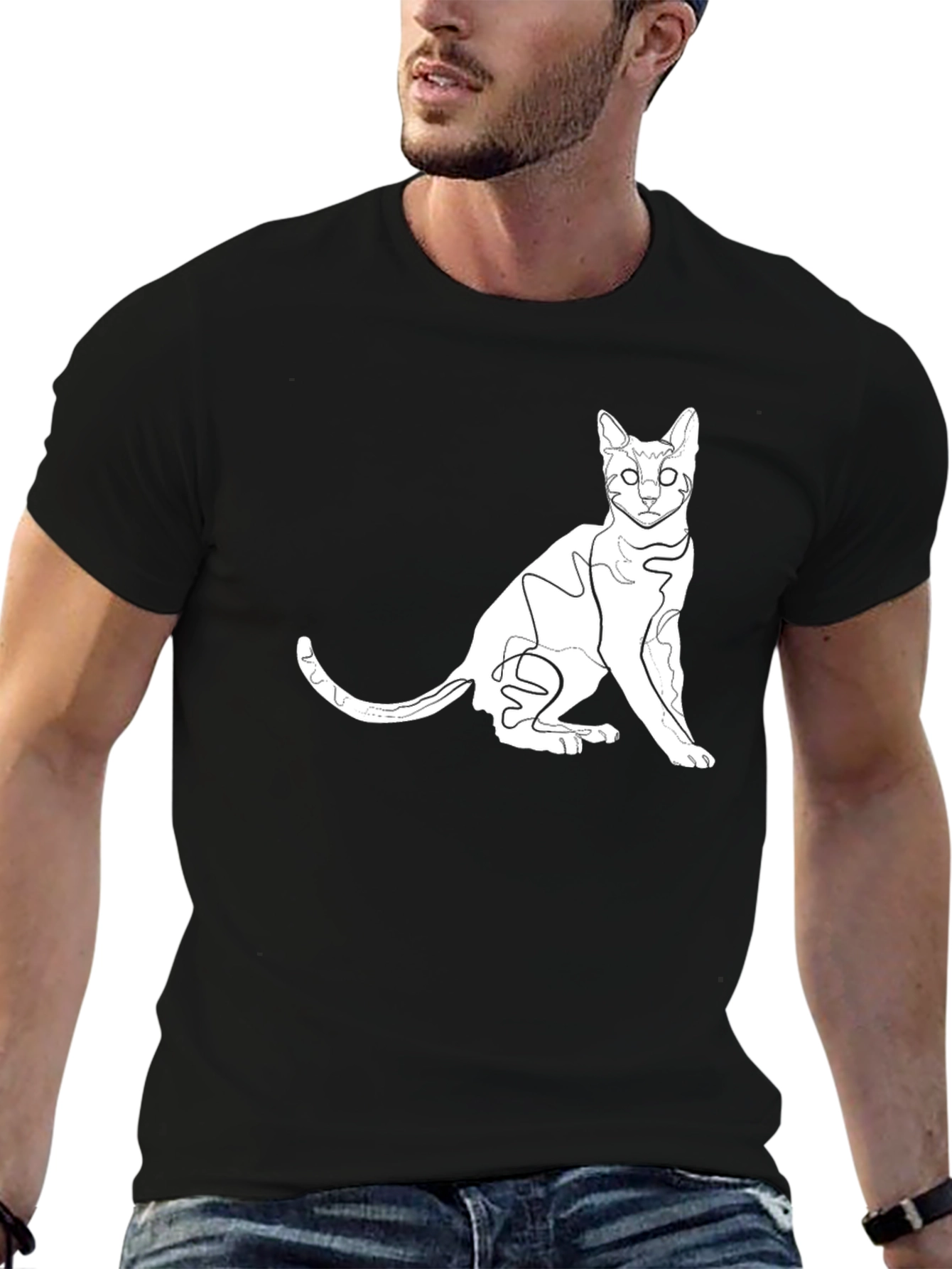 Stylish Black Cat Outline Graphic Tee