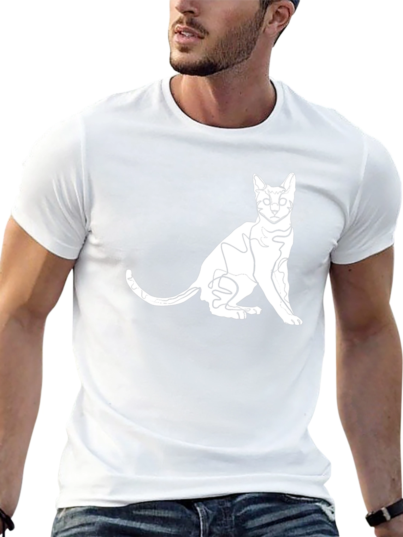 Stylish Black Cat Outline Graphic Tee