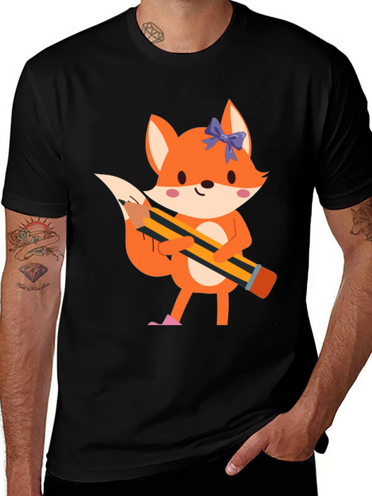 Fox with Pencil Graphic Tee - Black