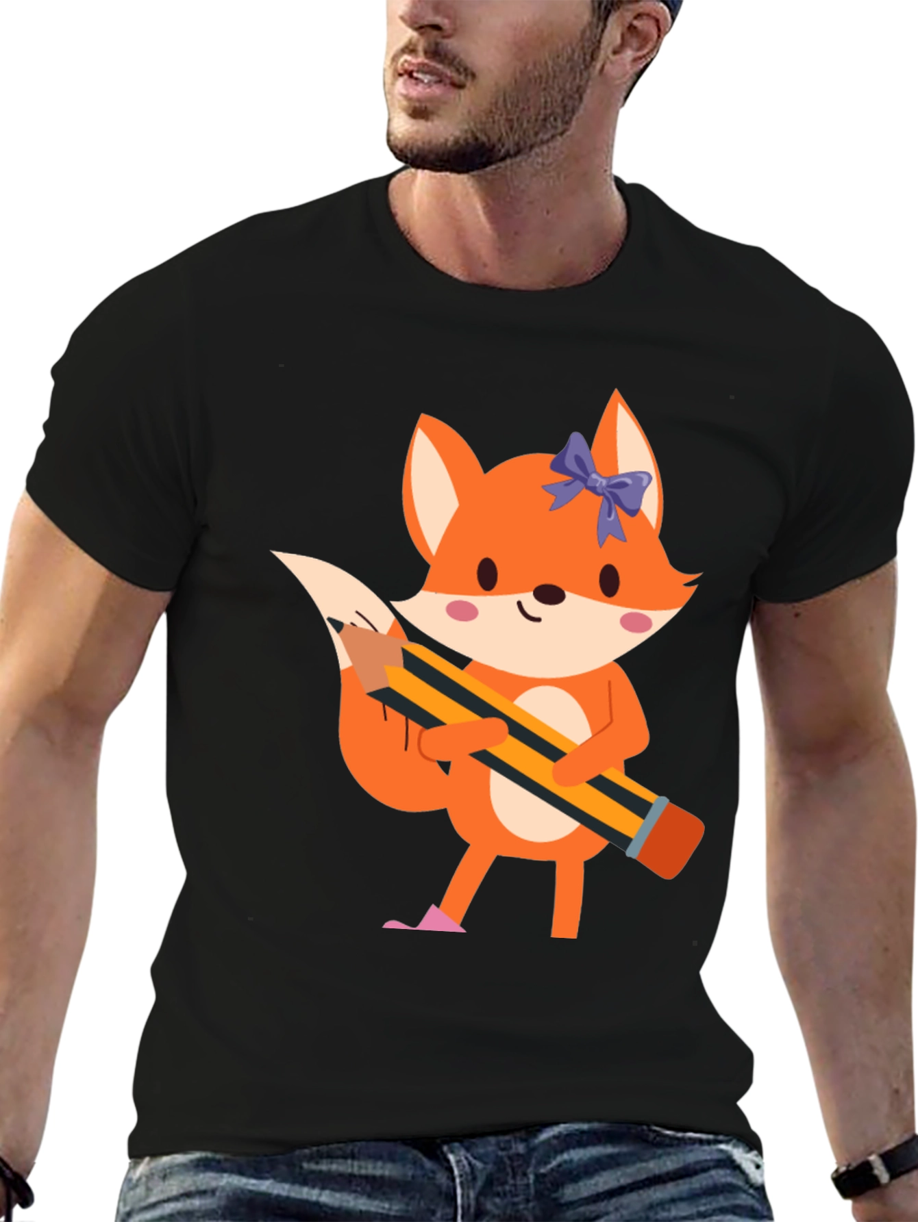 Fox with Pencil Graphic Tee - Black