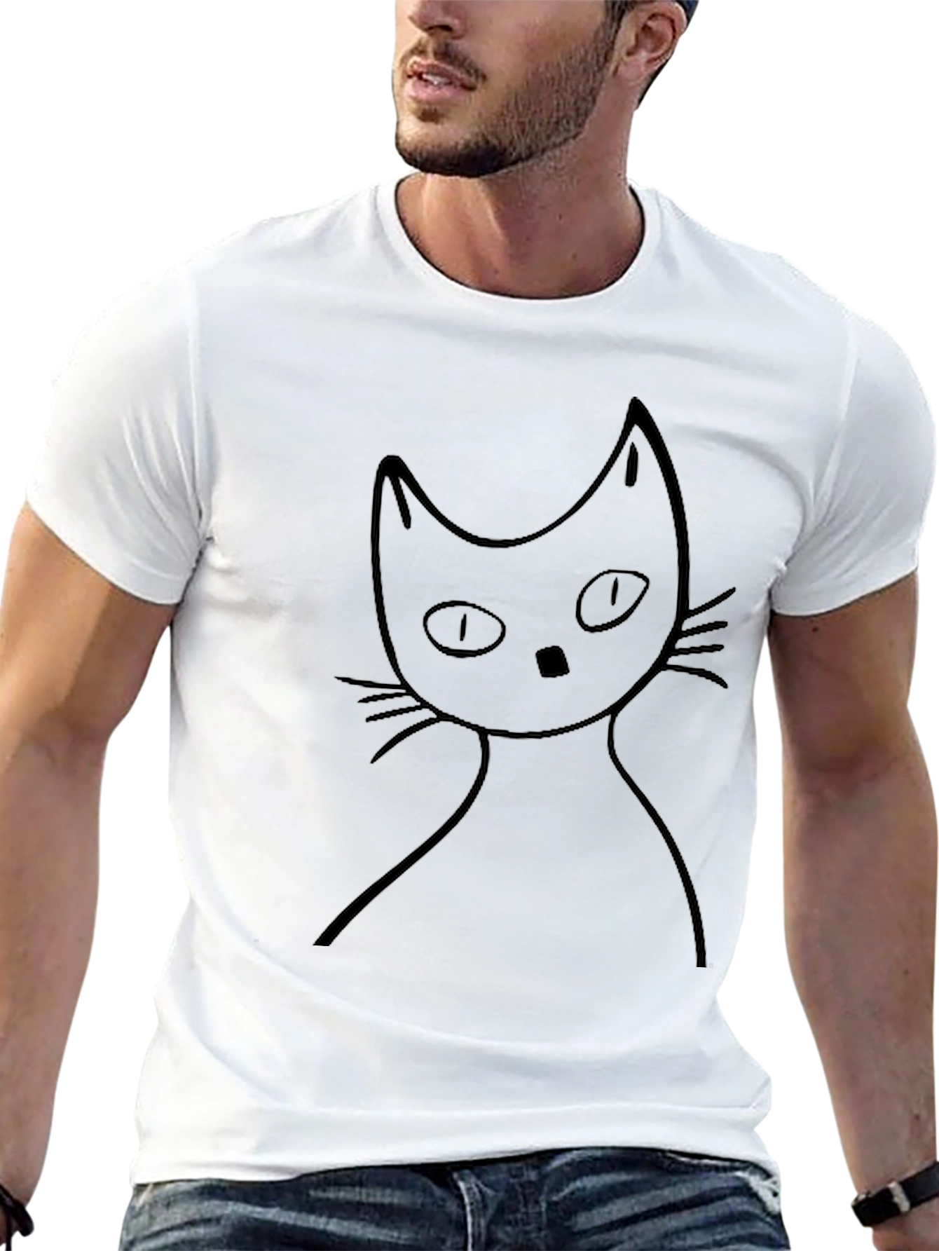 Black Cat Outline Graphic Tee - Casual Style