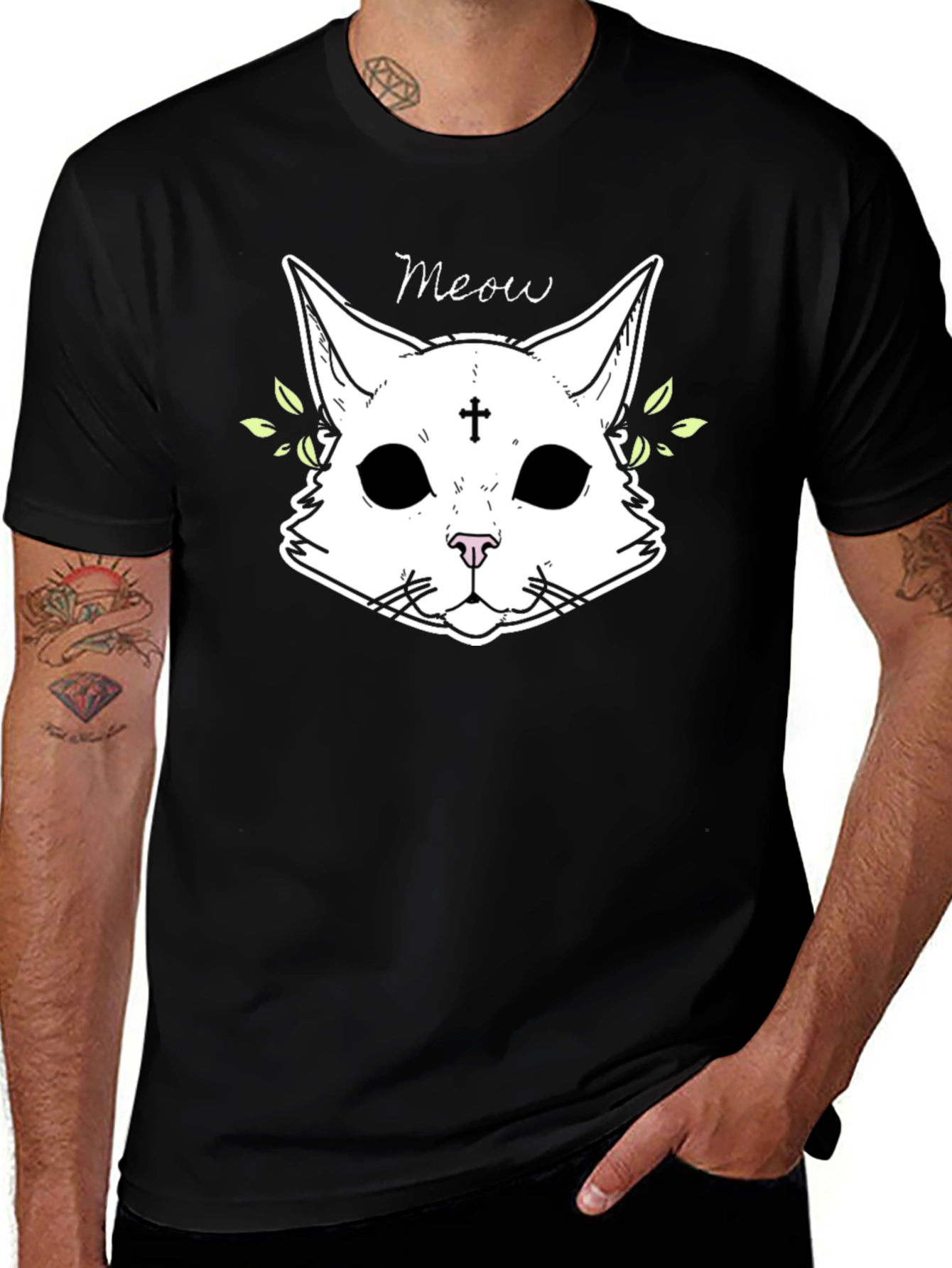 Meow Cat Graphic Black T-Shirt