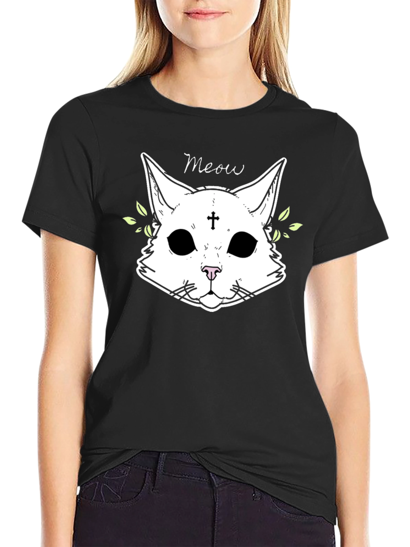 Meow Cat Graphic Black T-Shirt