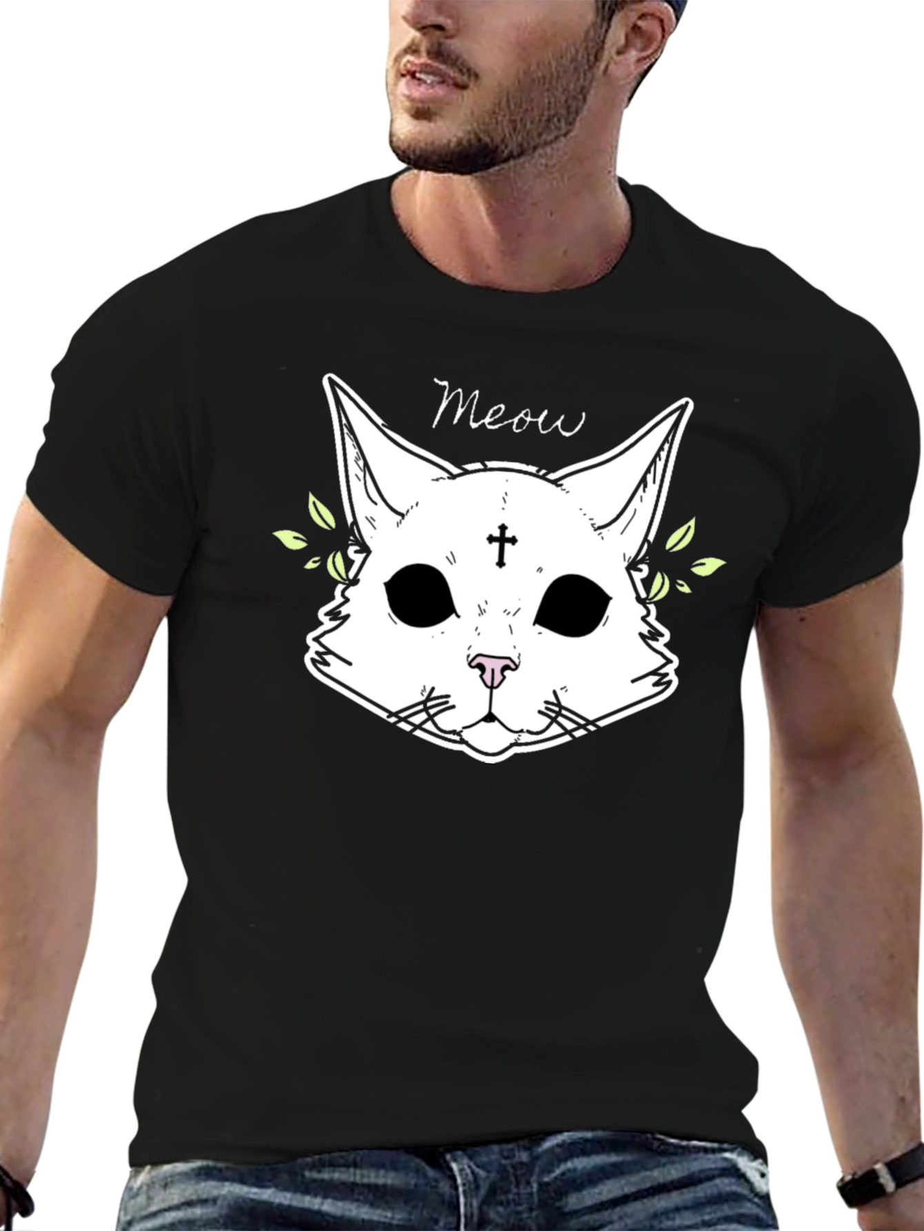 Meow Cat Graphic Black T-Shirt