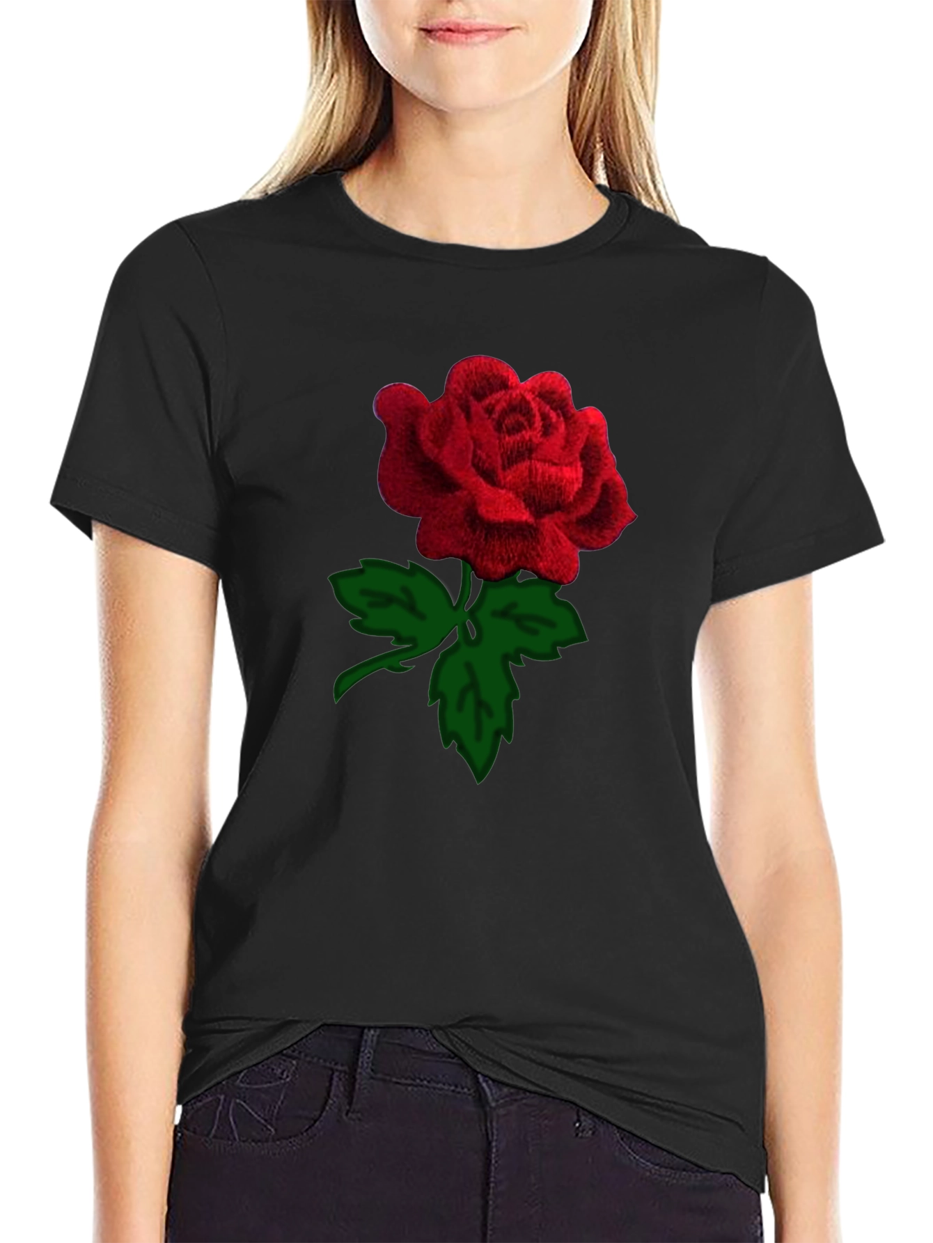 Black Rose T-Shirt - Embroidered Red Rose