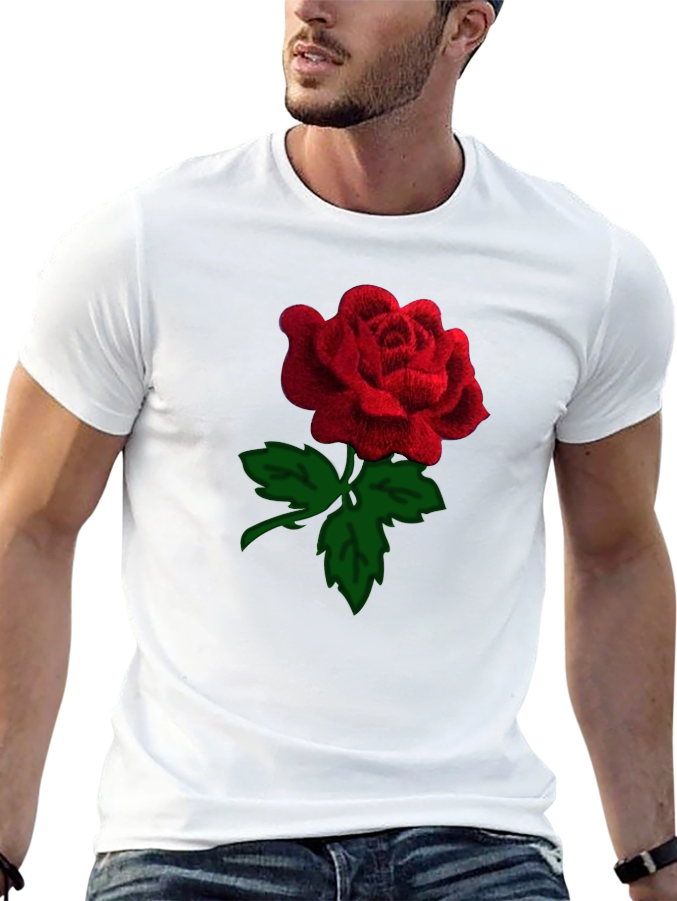 Black Rose T-Shirt - Embroidered Red Rose