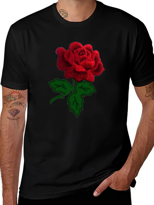 Black Rose T-Shirt - Embroidered Red Rose