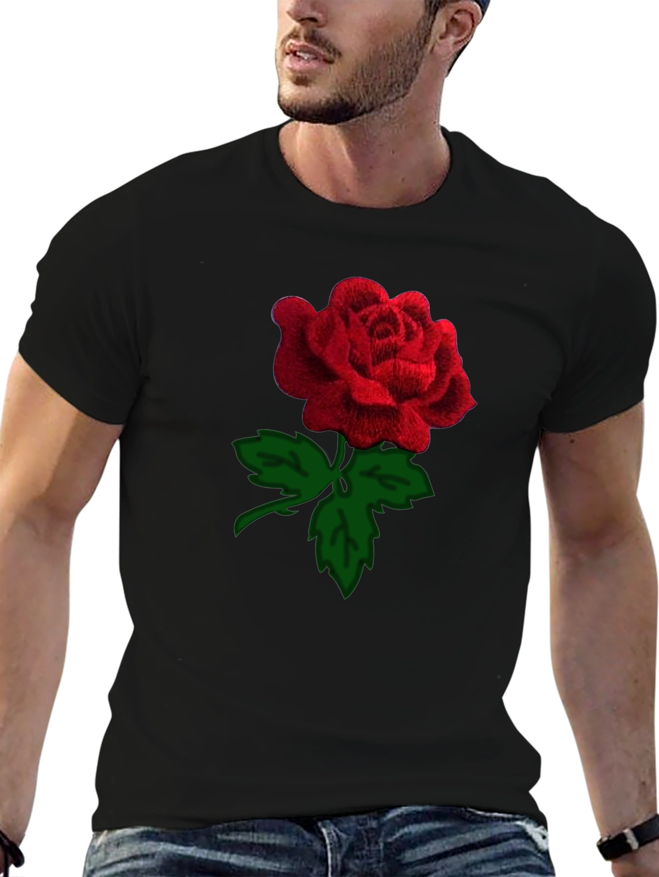Black Rose T-Shirt - Embroidered Red Rose