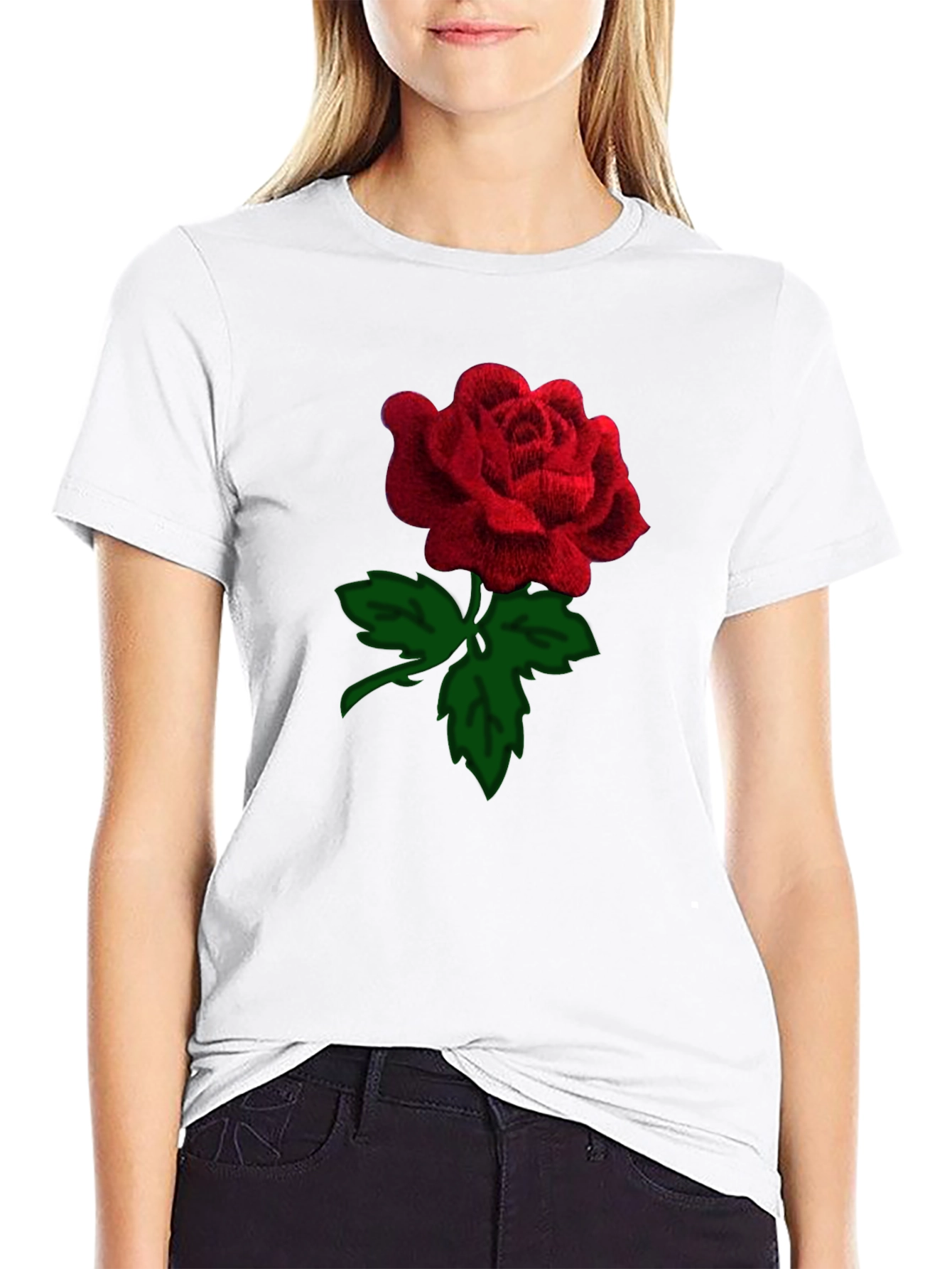 Black Rose T-Shirt - Embroidered Red Rose