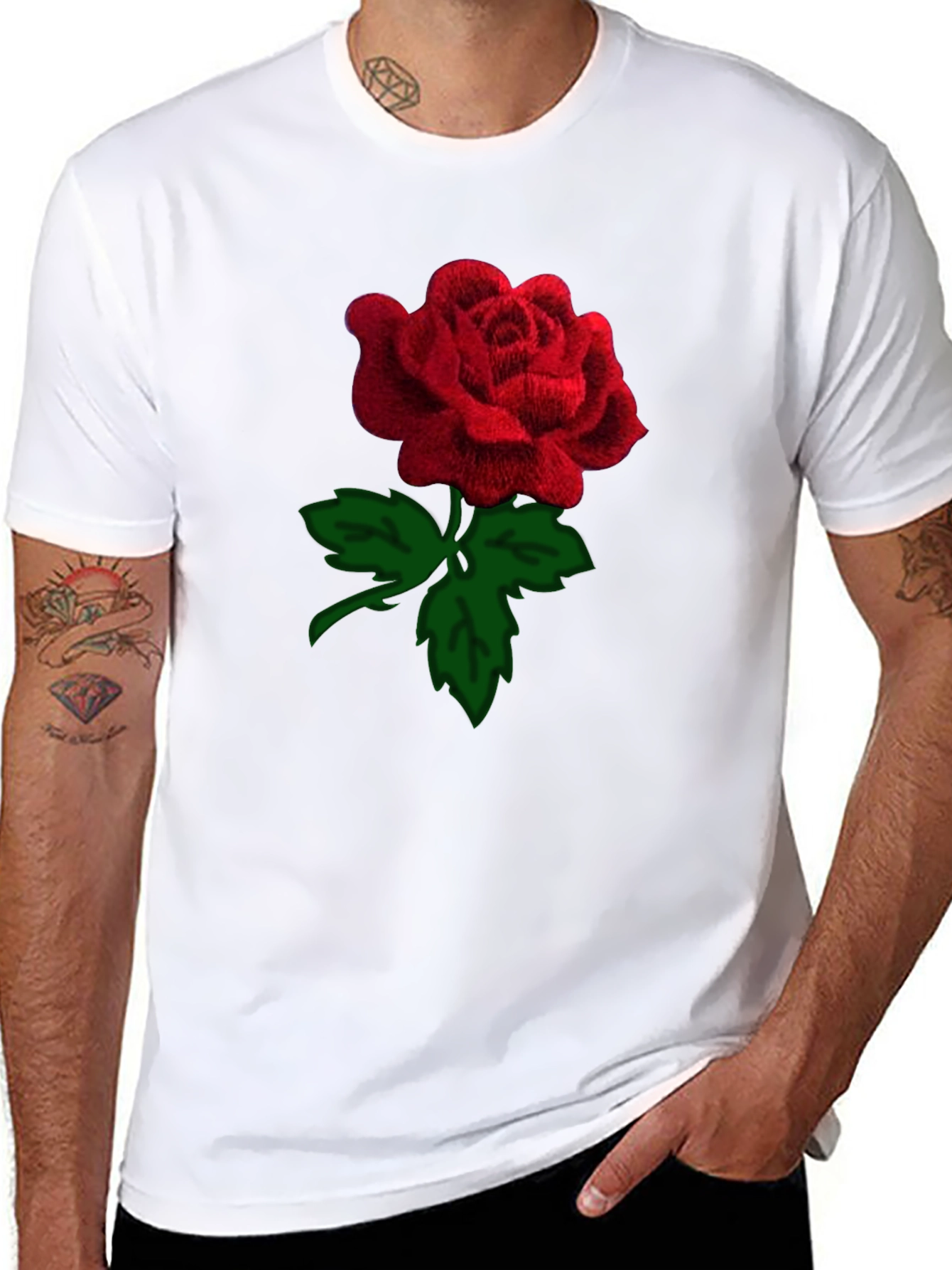 Black Rose T-Shirt - Embroidered Red Rose