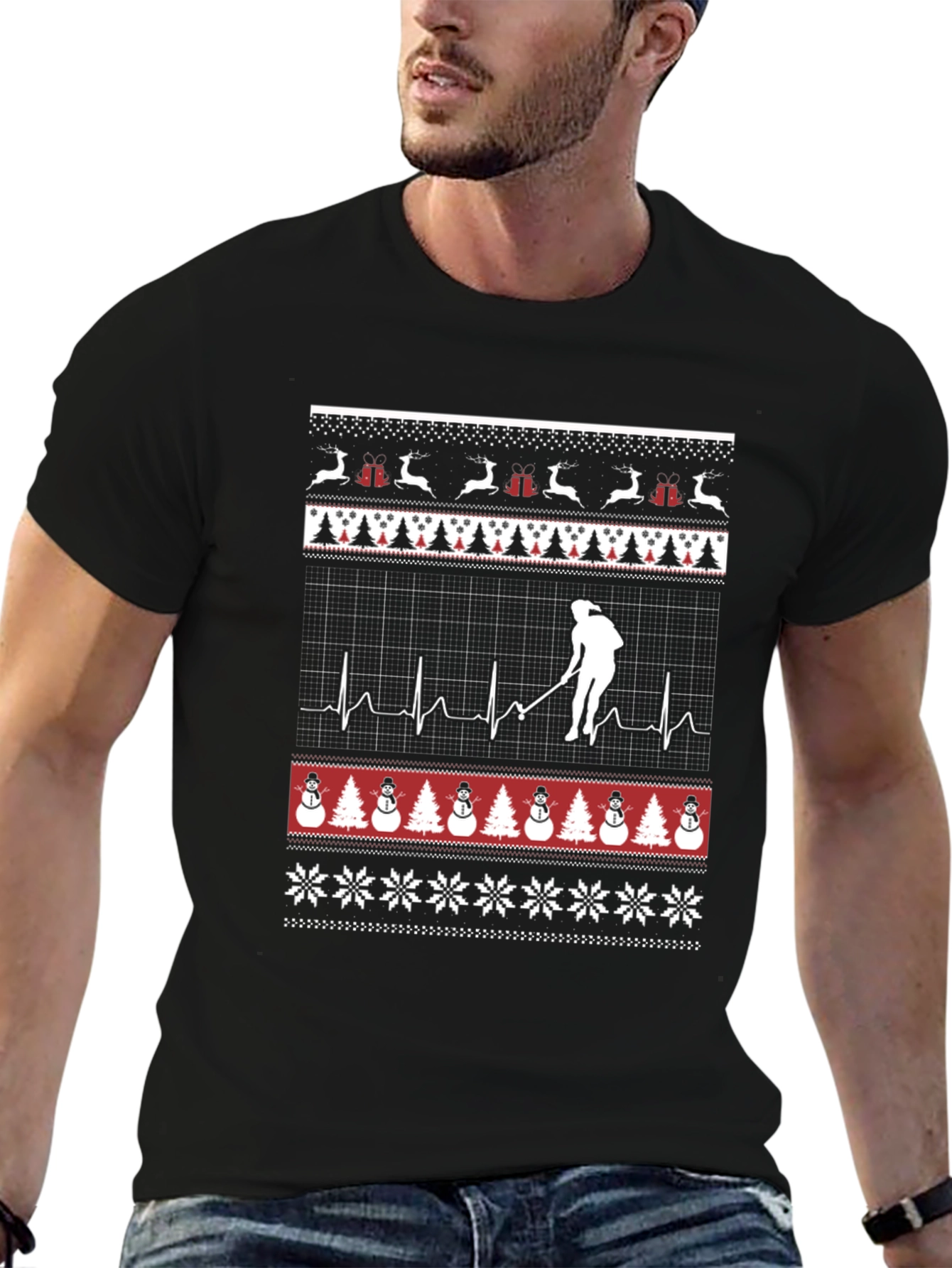 Festive Hockey Player Ugly Christmas T-Shirt