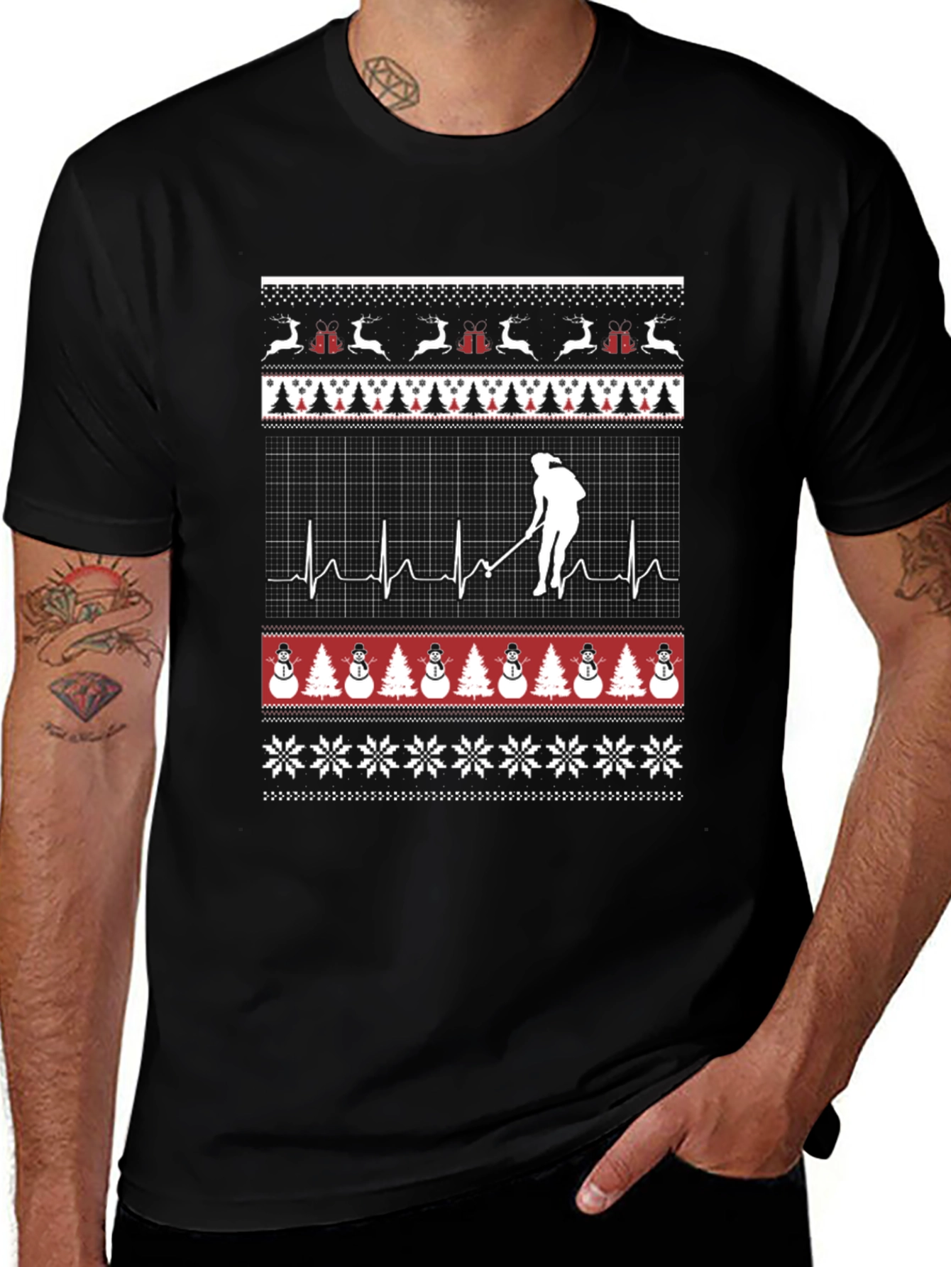 Festive Hockey Player Ugly Christmas T-Shirt