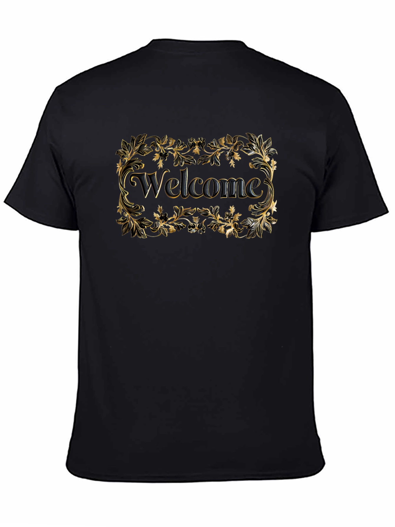 Welcome Black T-Shirt Gold Floral