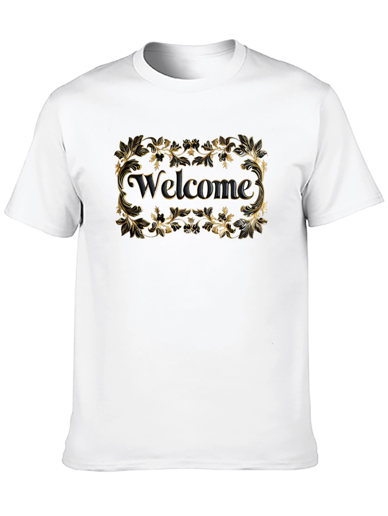 Welcome Black T-Shirt Gold Floral