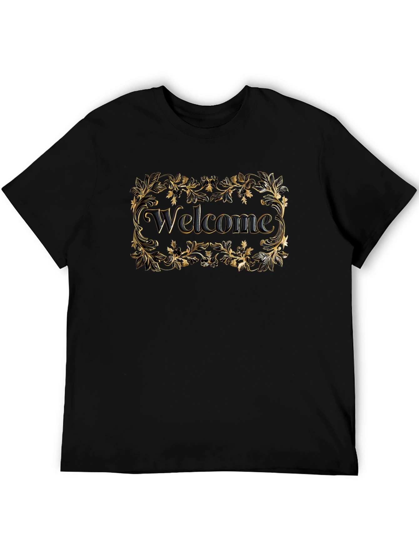 Welcome Black T-Shirt Gold Floral
