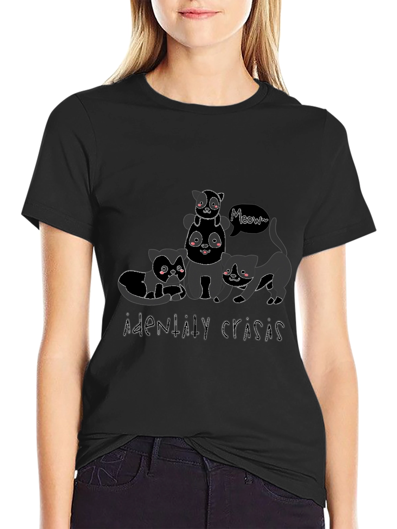 Cute Cat Stack Black Graphic Tee