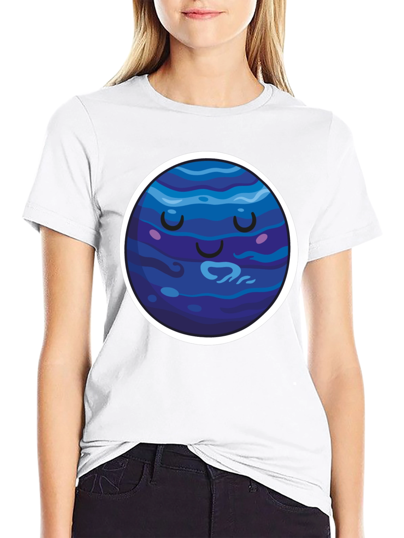 Cute Neptune Planet Graphic T-Shirt - Black
