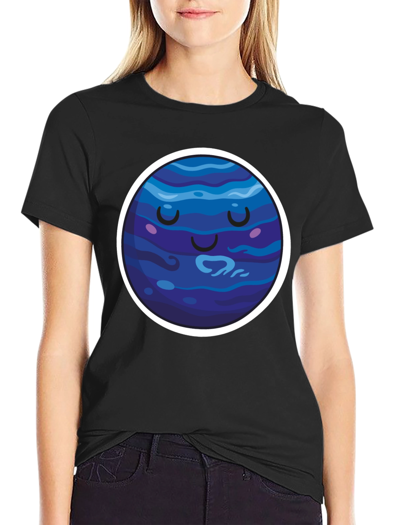 Cute Neptune Planet Graphic T-Shirt - Black