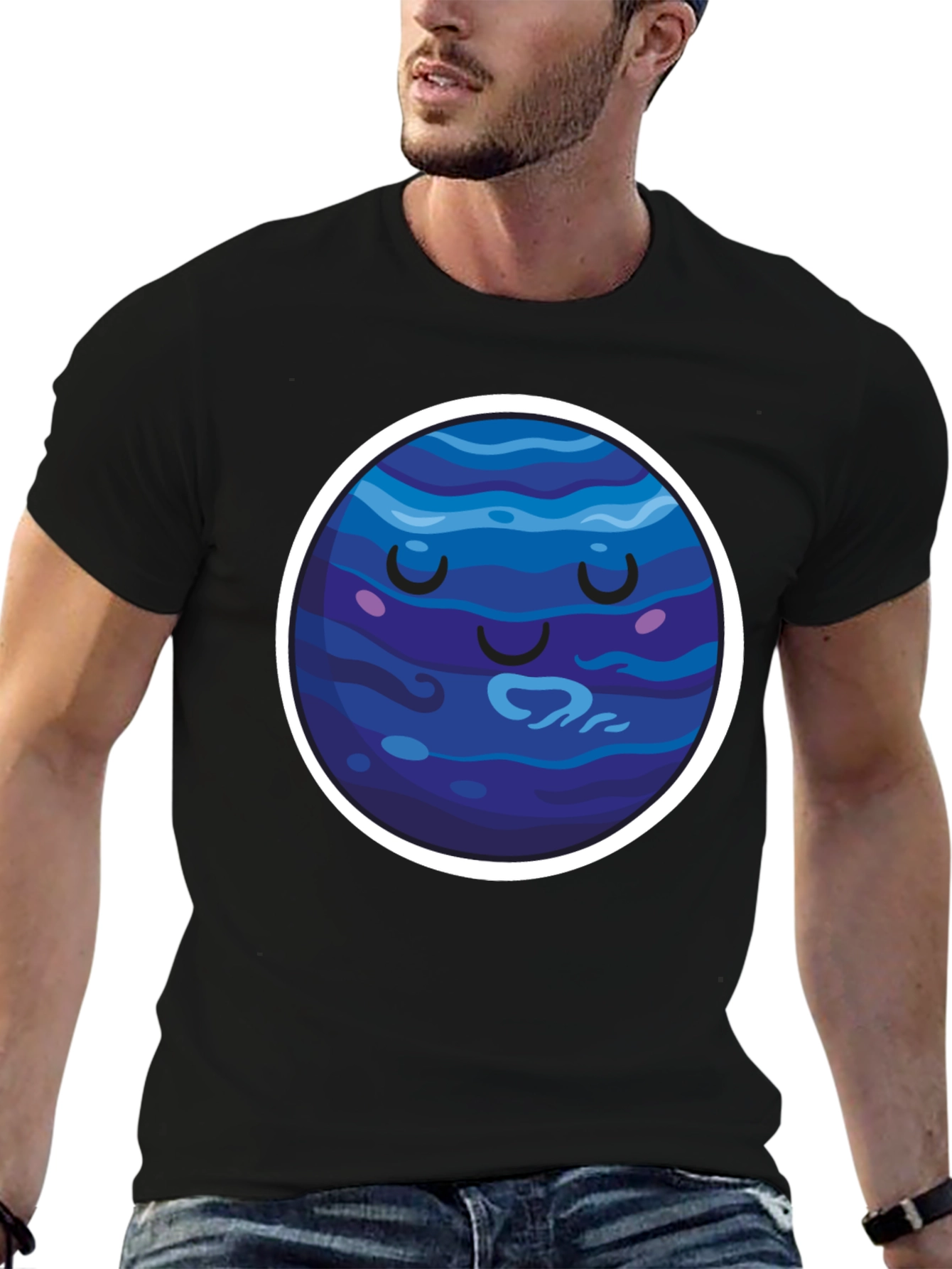 Cute Neptune Planet Graphic T-Shirt - Black