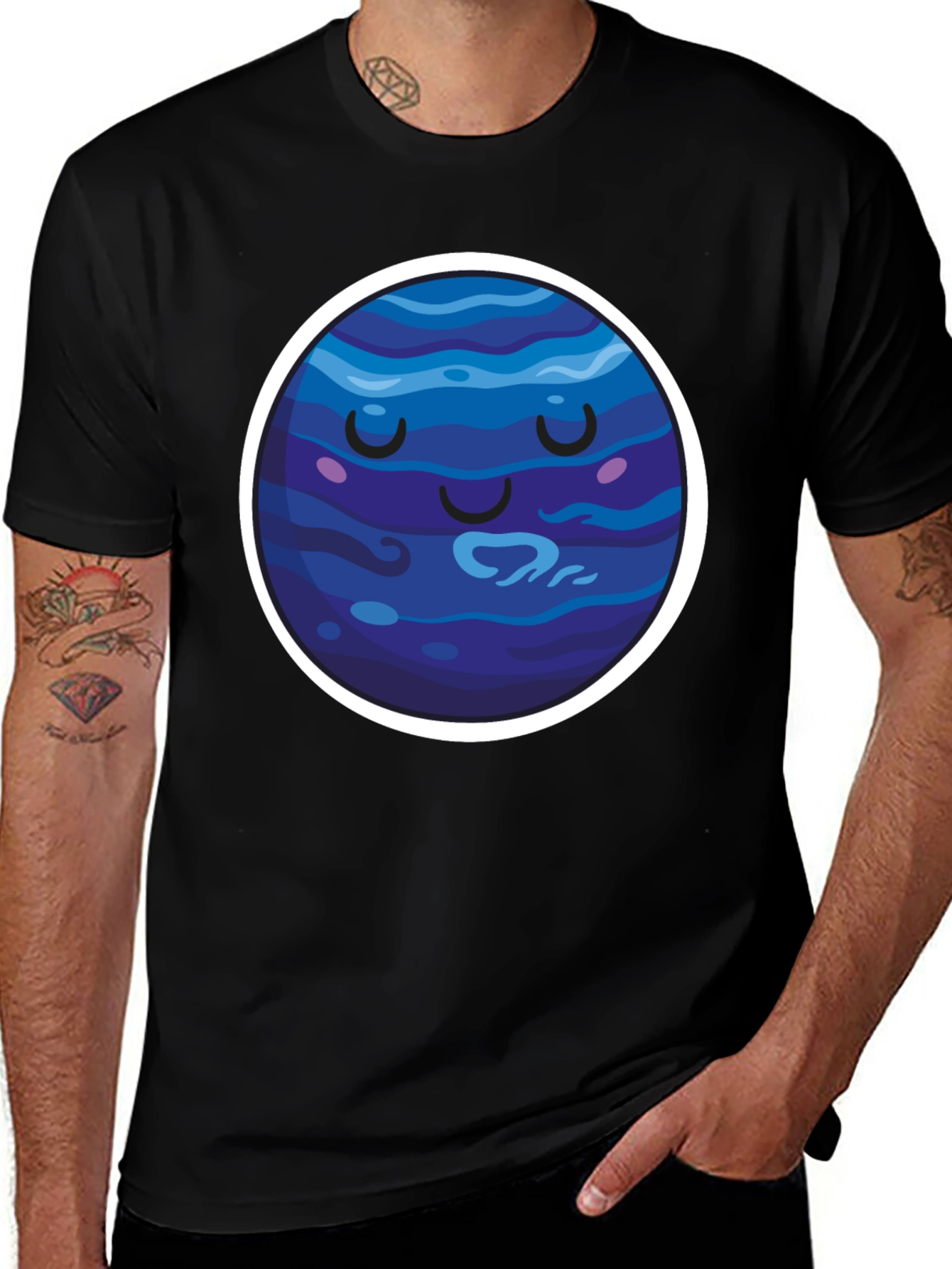 Cute Neptune Planet Graphic T-Shirt - Black