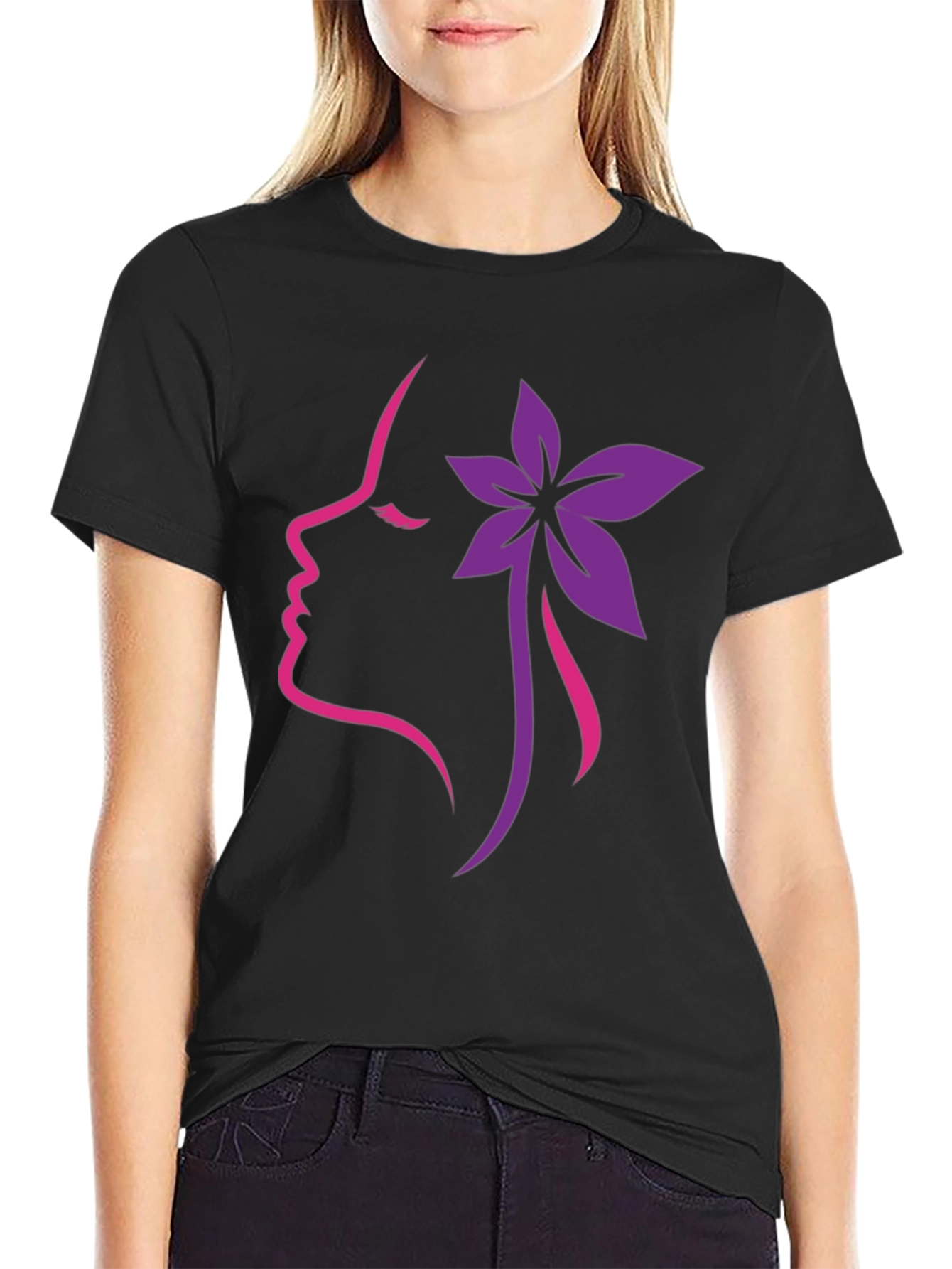 Floral Silhouette Graphic Tee - Black Cotton Blend