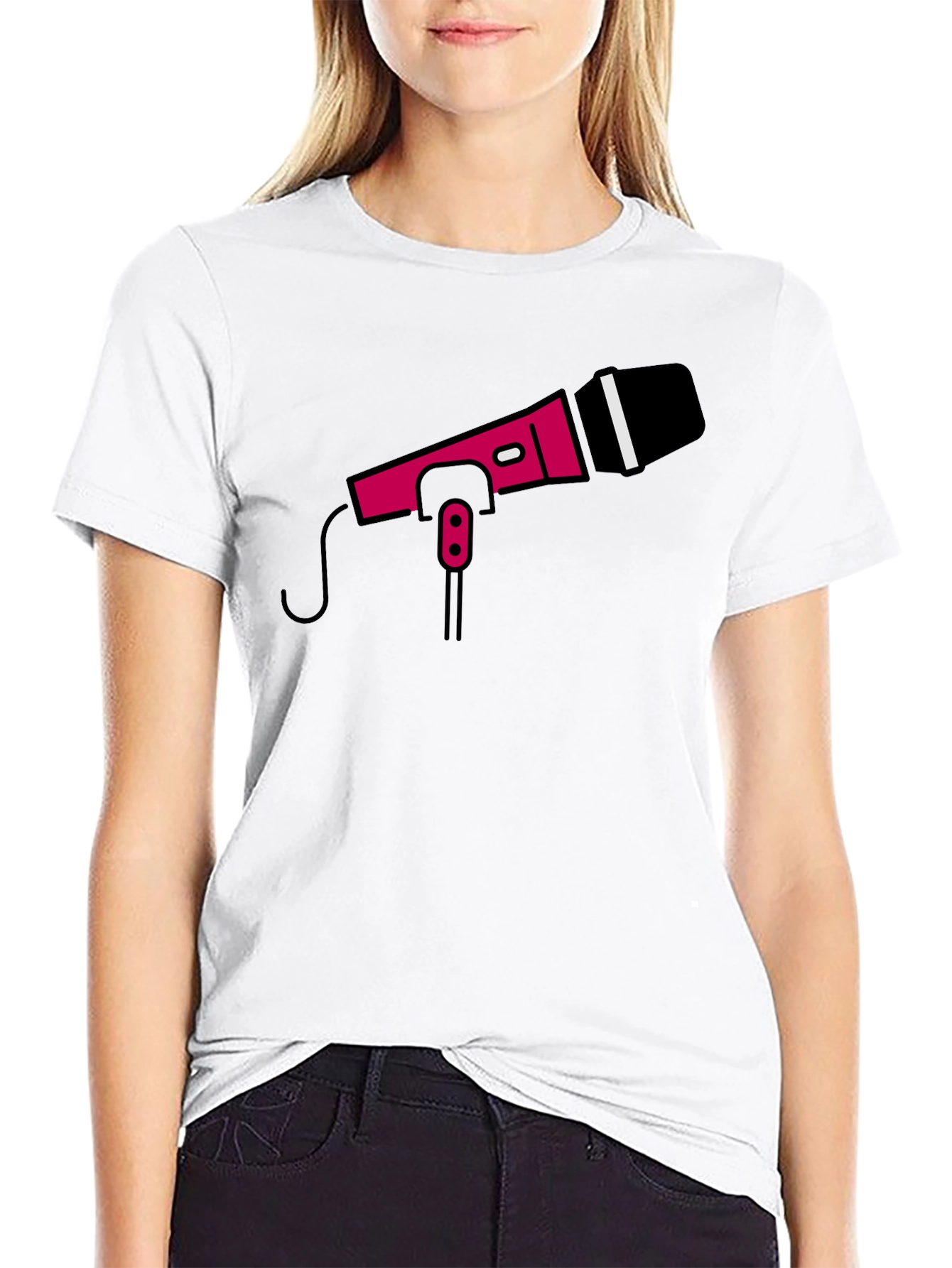 Retro Microphone Graphic Tee - Black Crew Neck