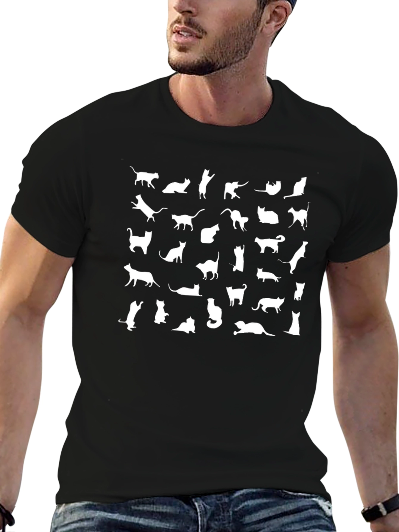 Cat Silhouette Pattern Black T-Shirt