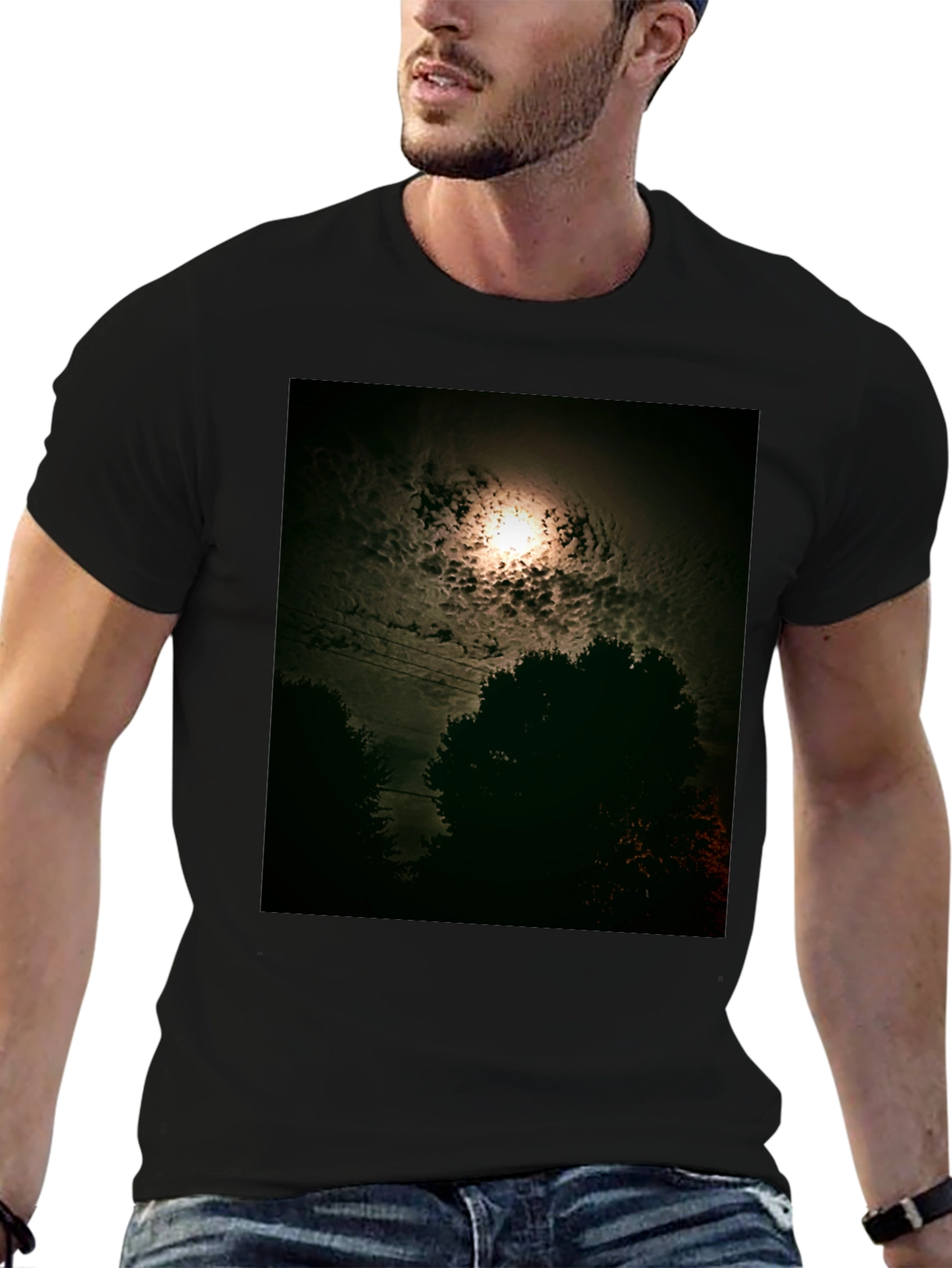 Mens Black T-Shirt - Moonlit Night Graphic Tee