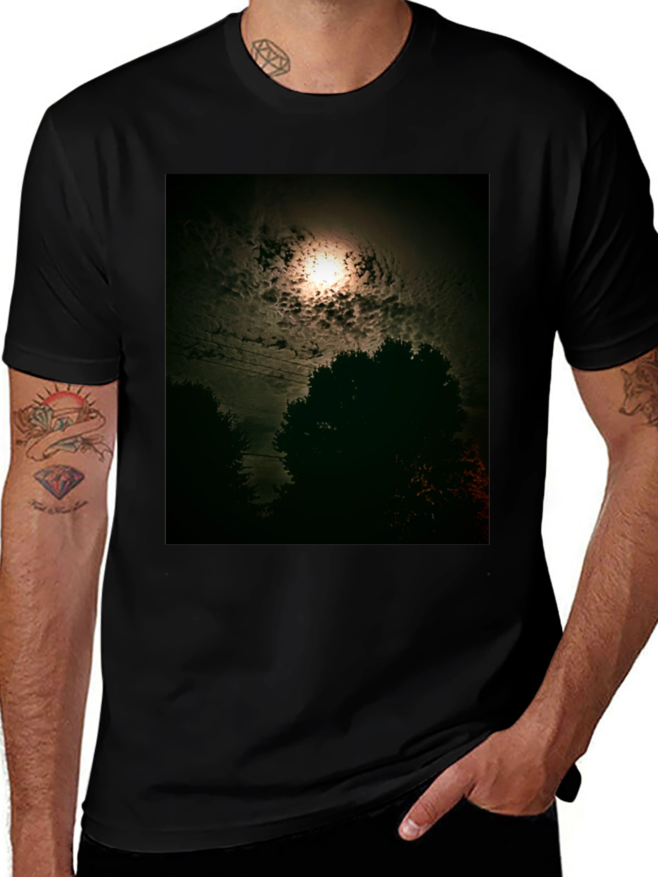 Mens Black T-Shirt - Moonlit Night Graphic Tee