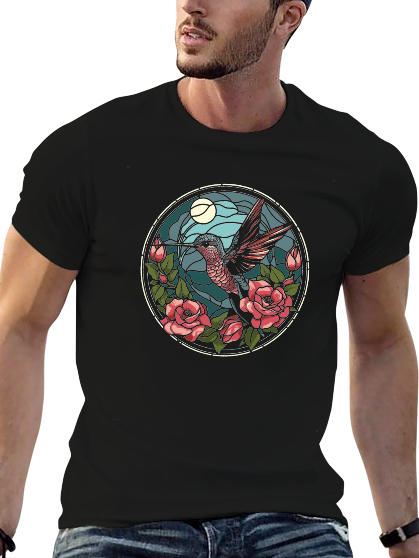 Hummingbird & Roses Graphic Tee - Black