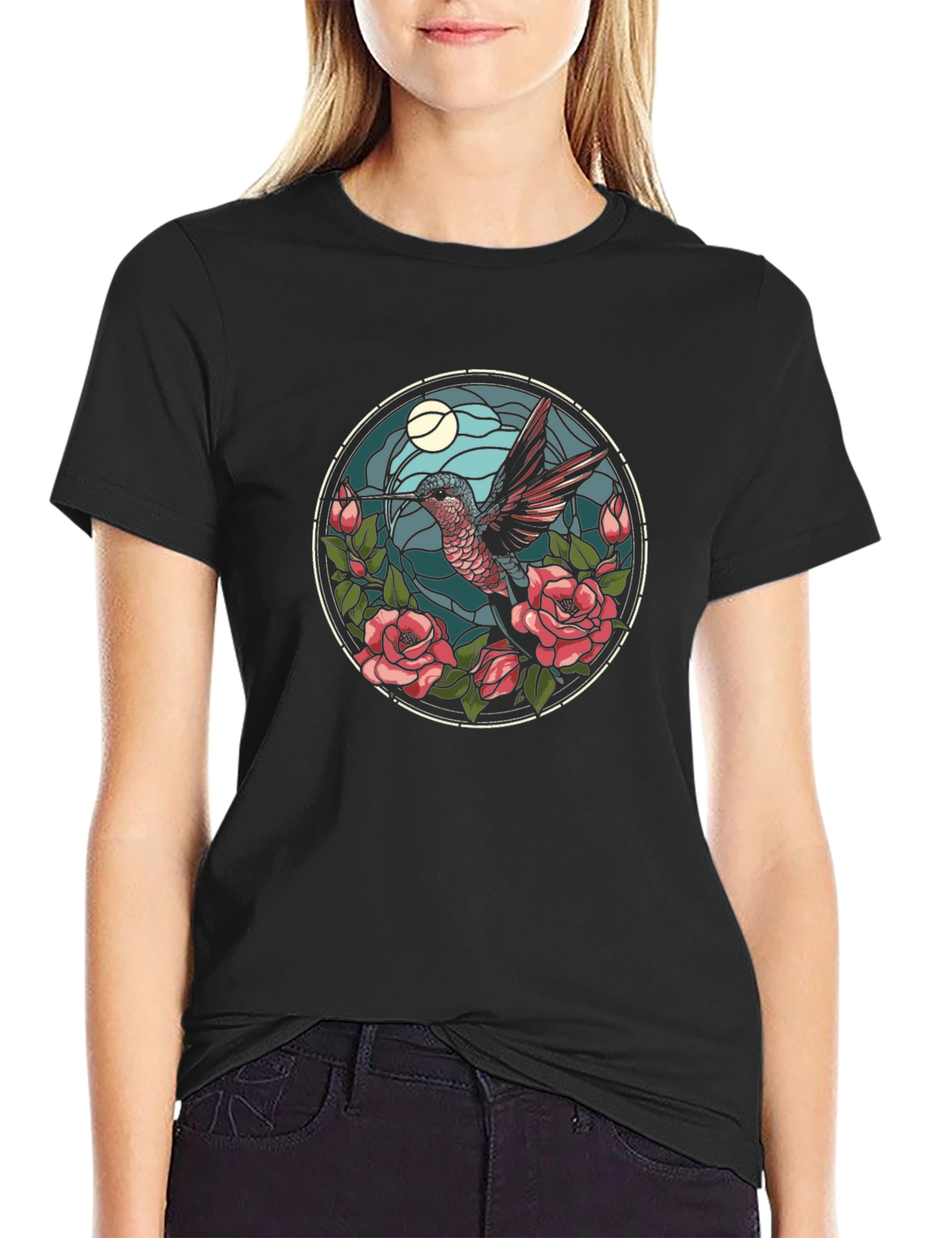Hummingbird & Roses Graphic Tee - Black